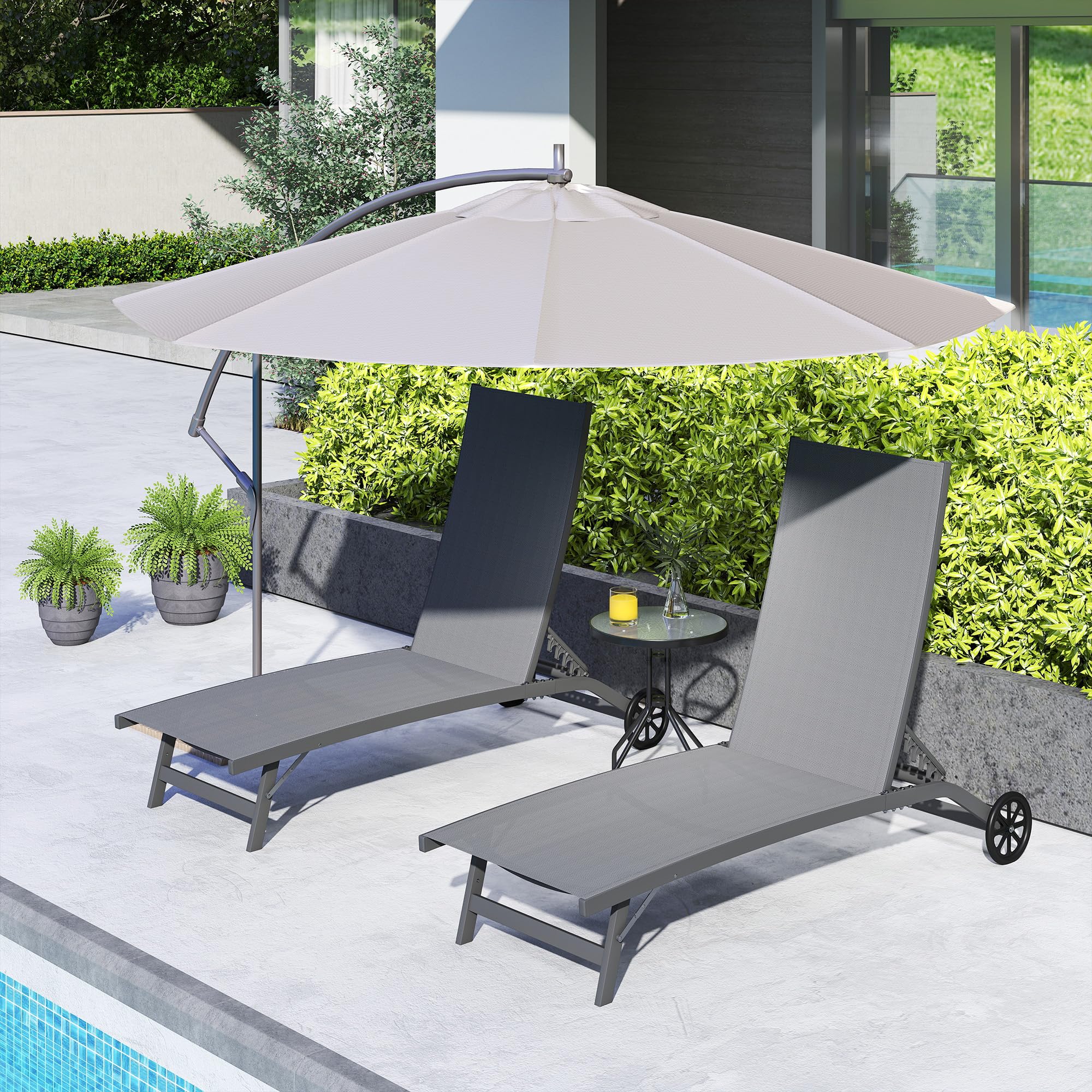 Outsunny Pack de 2 Tumbonas de Jardín Exterior Tumbonas Reclinables de Aluminio con Respaldo Ajustable de 5 Niveles y Ruedas para Playa Piscina 165x66x102 cm Gris Oscuro