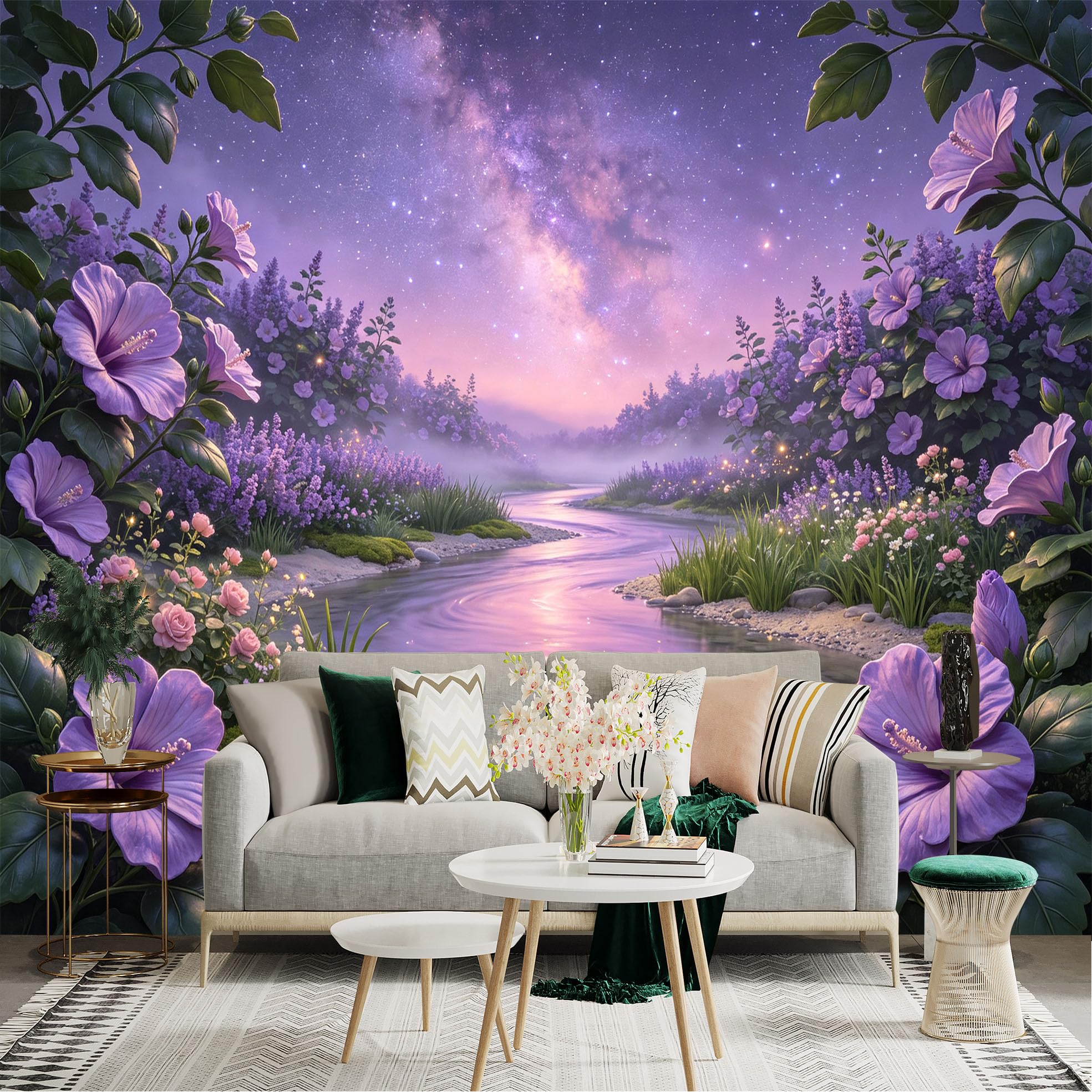 Lnzczhyre Bh260719185 Custom Size Wall Sticker Mural， Dreamy Lavender Garden， Flowing River， Milky Way Night Sky， Glowing Floral Landscape， For Wall Decoration， Peelandstick Wall Decals.