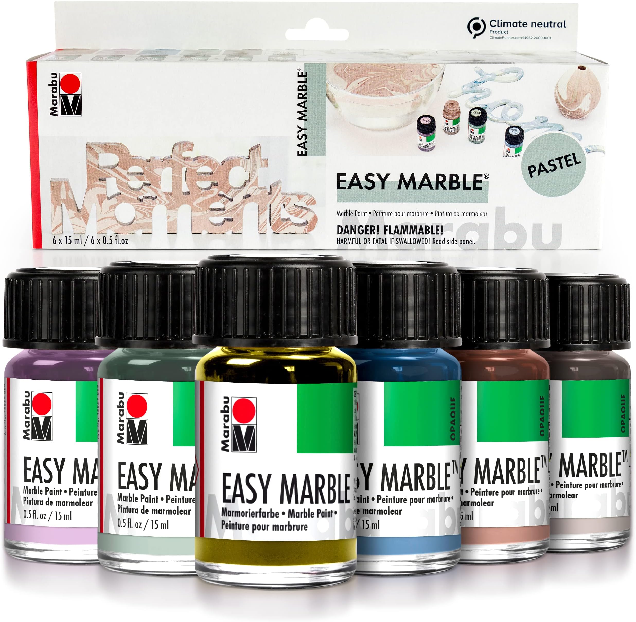 Marabu Easy Marble Paint Set - Pastel Colors Starter Set - Marbling Paint Kit for Kids and Adults - Hydro Dipping Paint for Tumblers, Ceramic, Paper, Glass, Plastic - 6 x 15ml Bottles