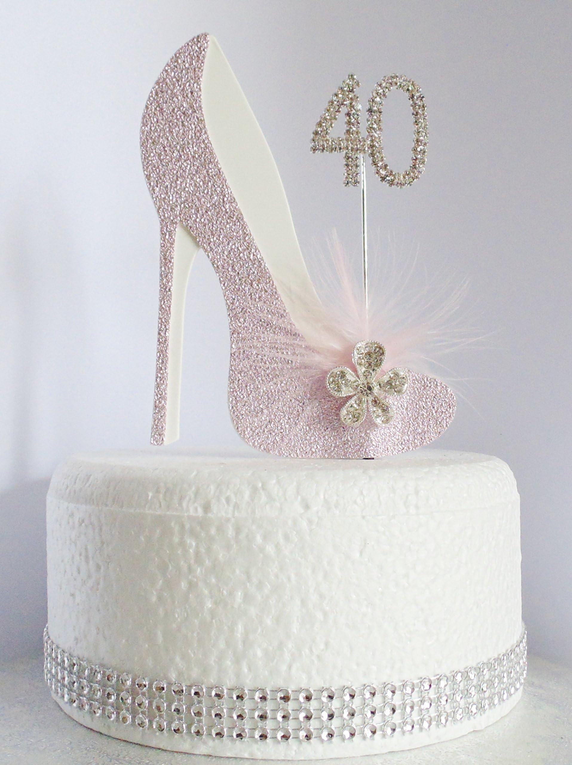 40th Pink and White Birthday Cake Decoration Shoe with Feathers and Crystal Flower Embellishments and Diamante Number Non- Edible (pink white feather 40)