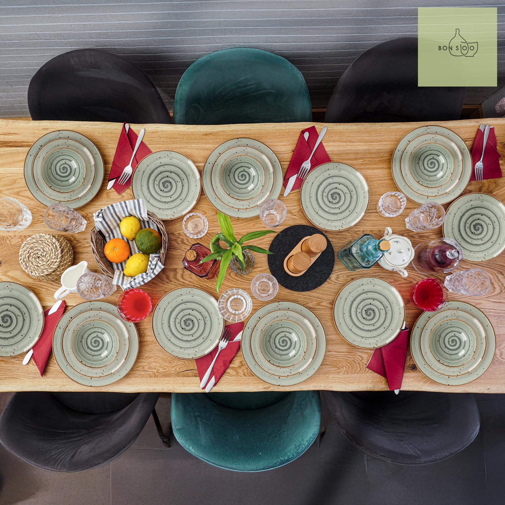 Geschirrset 24-teilig aus Porzellan für 6 Personen | Tiefe Suppenteller, Flache Essteller, Dessertteller und Schüsseln | Hochwertiges modernes buntes Vintage Tafelservice Kombiservice | Grau