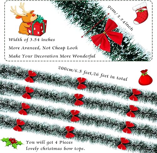 Miniatura 2 de Kasyat 4 guirnaldas de oropel de Navidad de 26 pies, guirnalda de Navidad artificial con 20 lazos rojos, guirnalda de Navidad verde oscuro y blanco