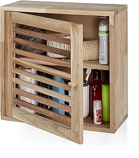 Wall Cabinet, 2 Levels, Door with Magnetic Lock, Narrow Wooden Storage, Bathroom, Kitchen, 42x42x18cm, Natural
