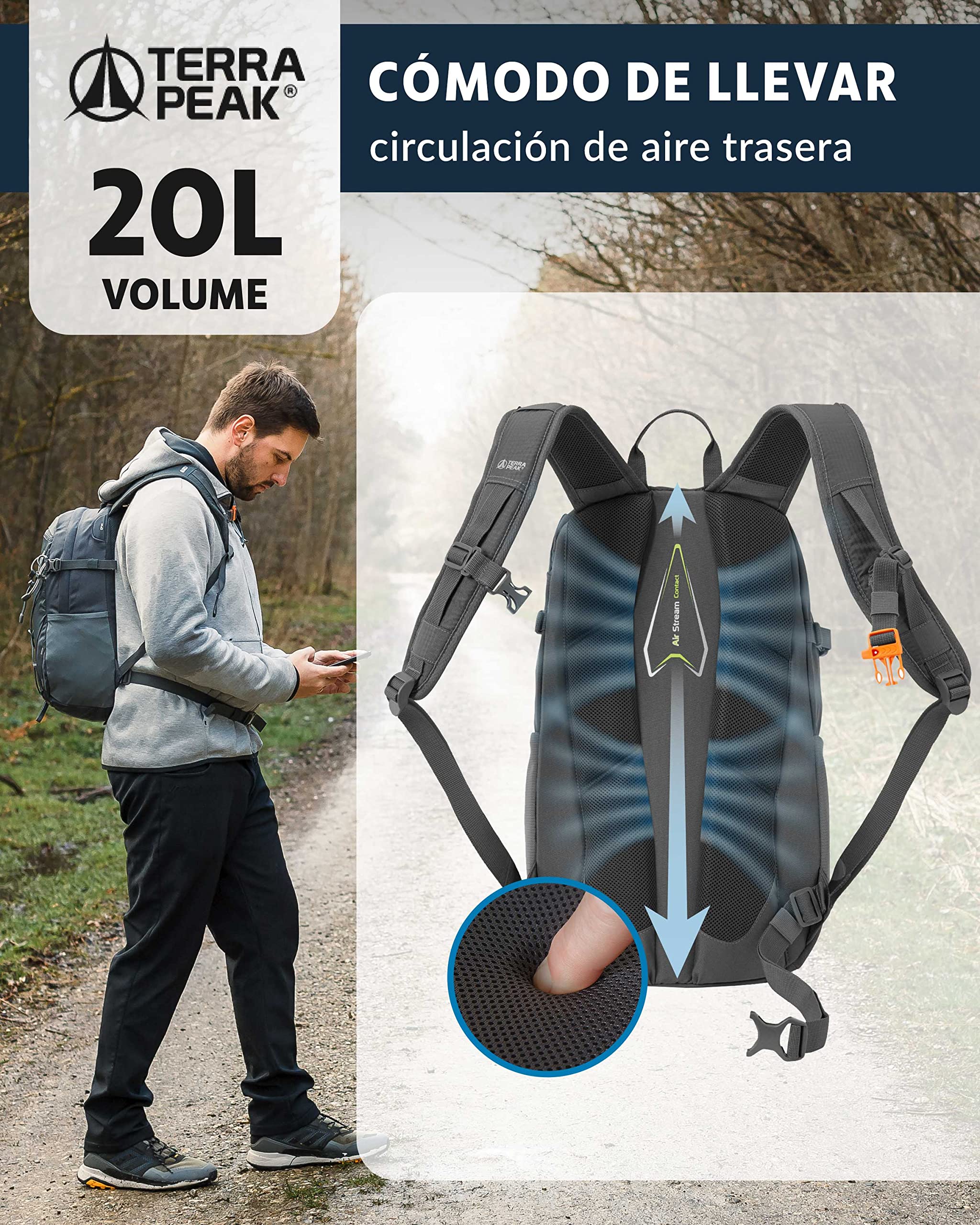 Terra Peak® Mochila de Senderismo 20L para hombre y mujer (FLEX 20 PEQUEÑA) - Mochila de montaña, trekking y viaje para exteriores, ergonómica e impermeable, con ventilación trasera (transpirable)