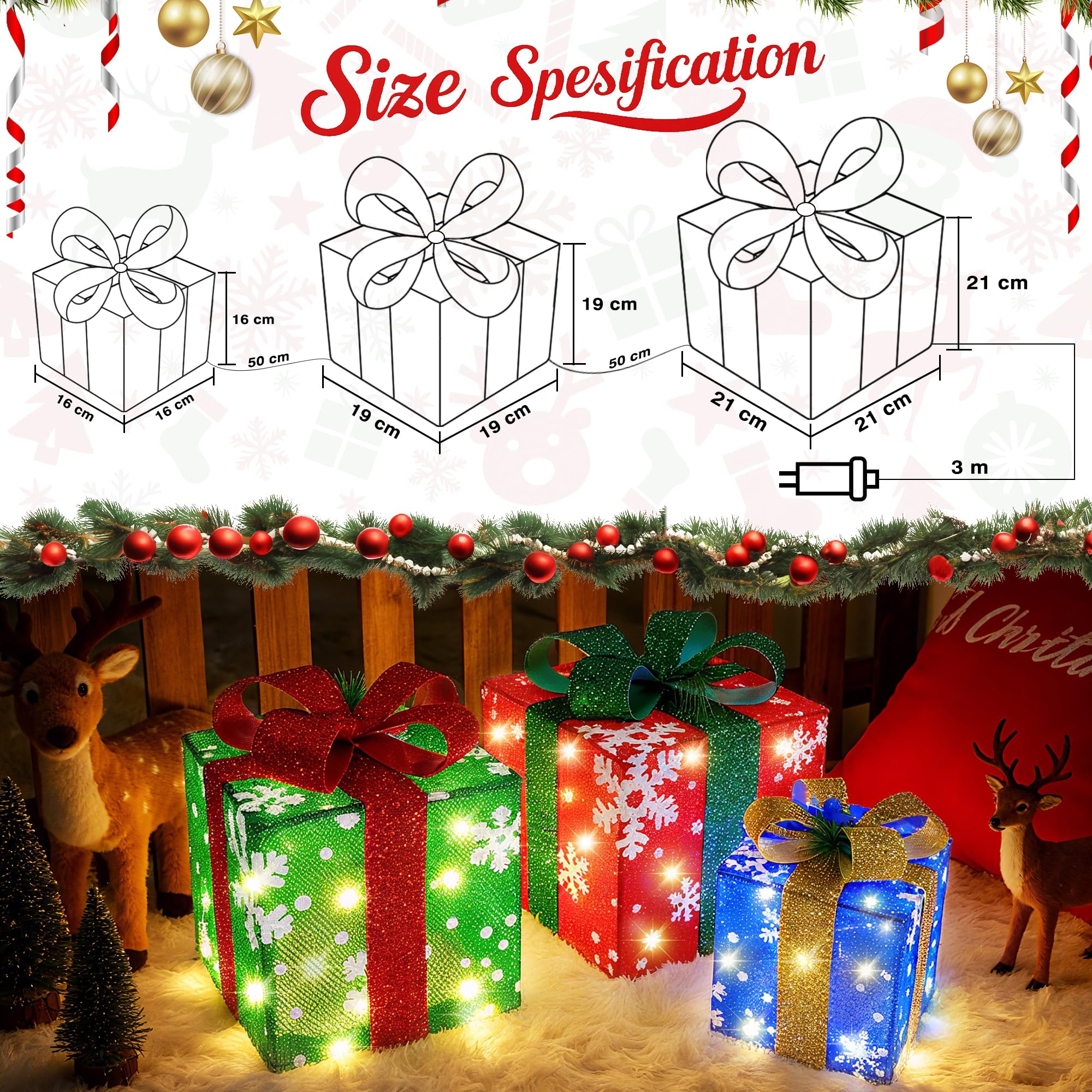 iBaycon Scatole Regalo Illuminate con Luci Di Natale,60 Led Bianco Caldo