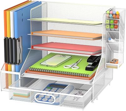 5-Tier Desk Organizer with File Holder & Pen Holder & Sliding Drawer, White | Mesh Metal Paper Letter Tray for Papers, Mail, Office Supplies, and Desk Accessories
