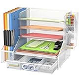 DALTACK Mesh Desk Organizer, 5-Tier Paper Letter Tray with File Holder & Pen Holder & Sliding Drawer, Desktop Organizer and Storage for Desk Accessories Office Supplies, White