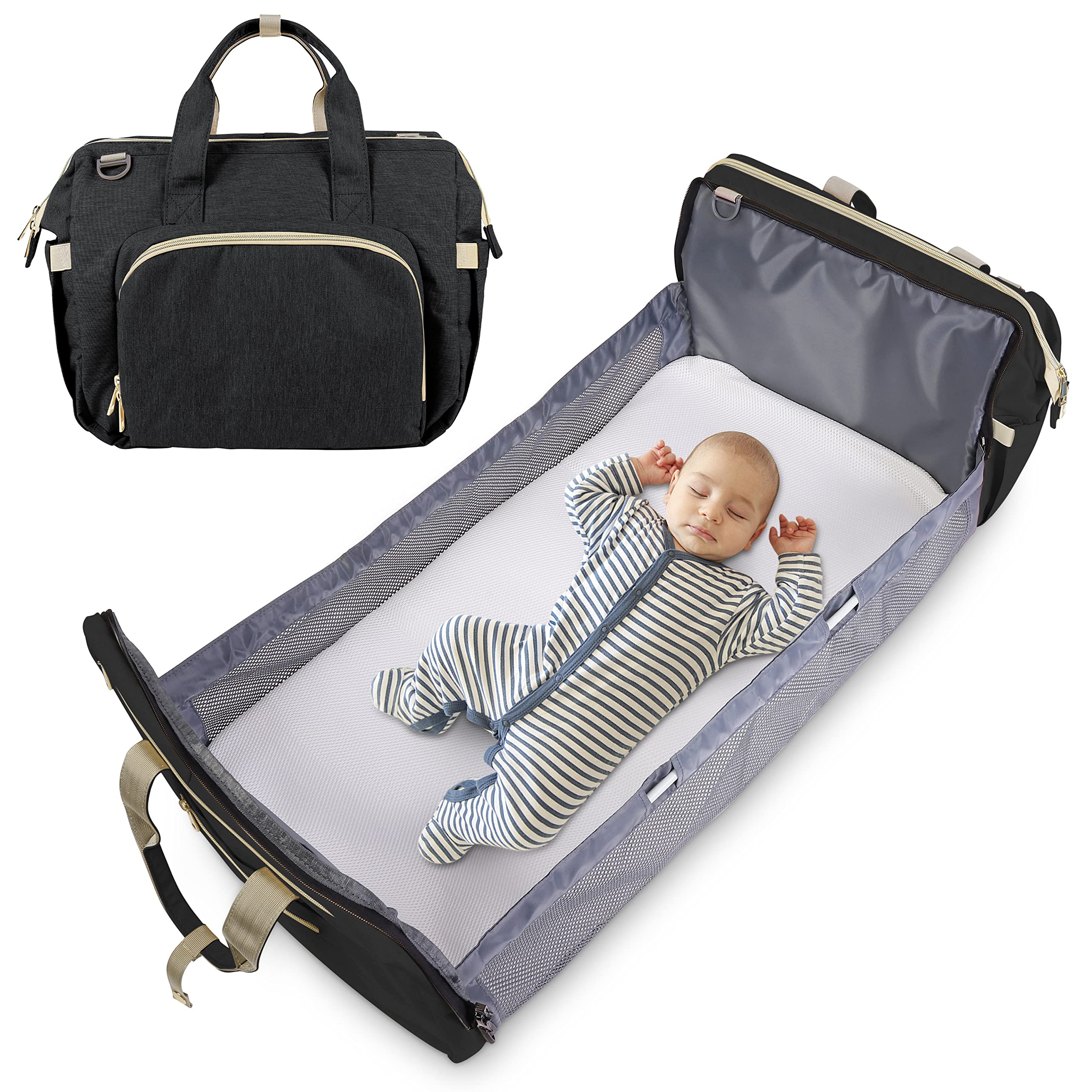 Diaper Bag Backpack Waterproof with Folding Crib, Taykoo Large Multi-Functional Travel Mommy Bag with Stroller Straps & Insulated Pocket & Diapers Changing Cushion (Large Crib Black)