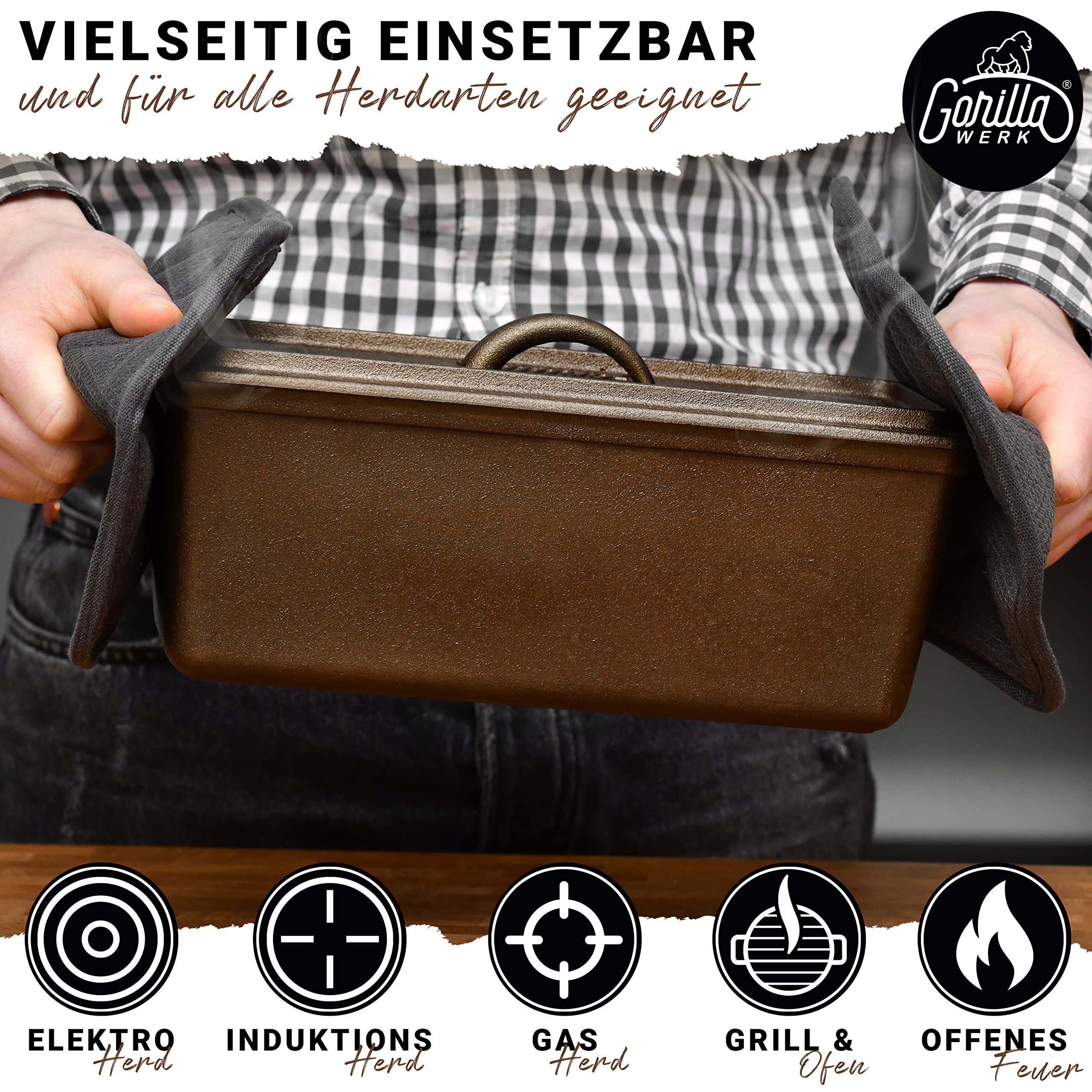 Premium Gusseisen Brotbackform mit Deckel - 3L 35x14x12cm - Voreingebrannt mit Traubenkernöl - Ideal als Kastenform,Toastbrot Backform