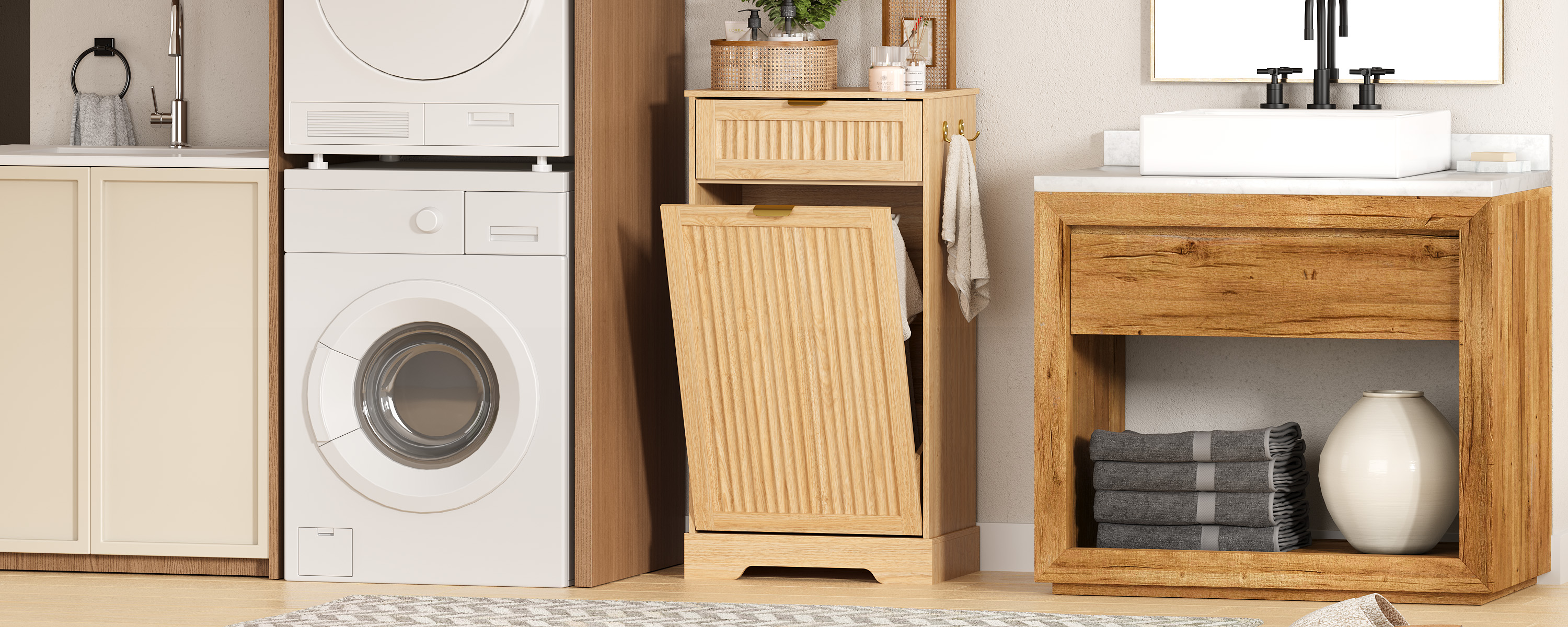 Image of Single 13 Gallon Tilt Out Trash Can Cabinet,Garbage Cabinet with Drawer | Hidden Garbage Storage with Fluted Design, Drawer & Hooks for Kitchen, Dining Room and Small Space Organization,Natural Oak