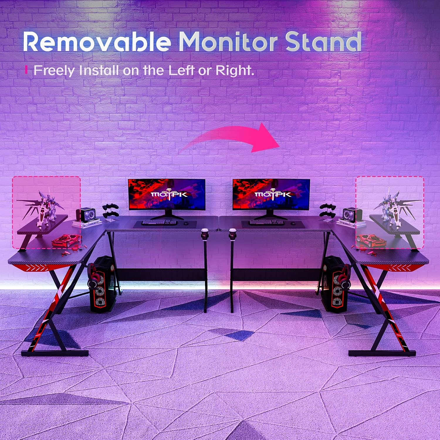 Removable monitor stand on the MOTPK L Shaped Gaming Desk, showing left or right placement options