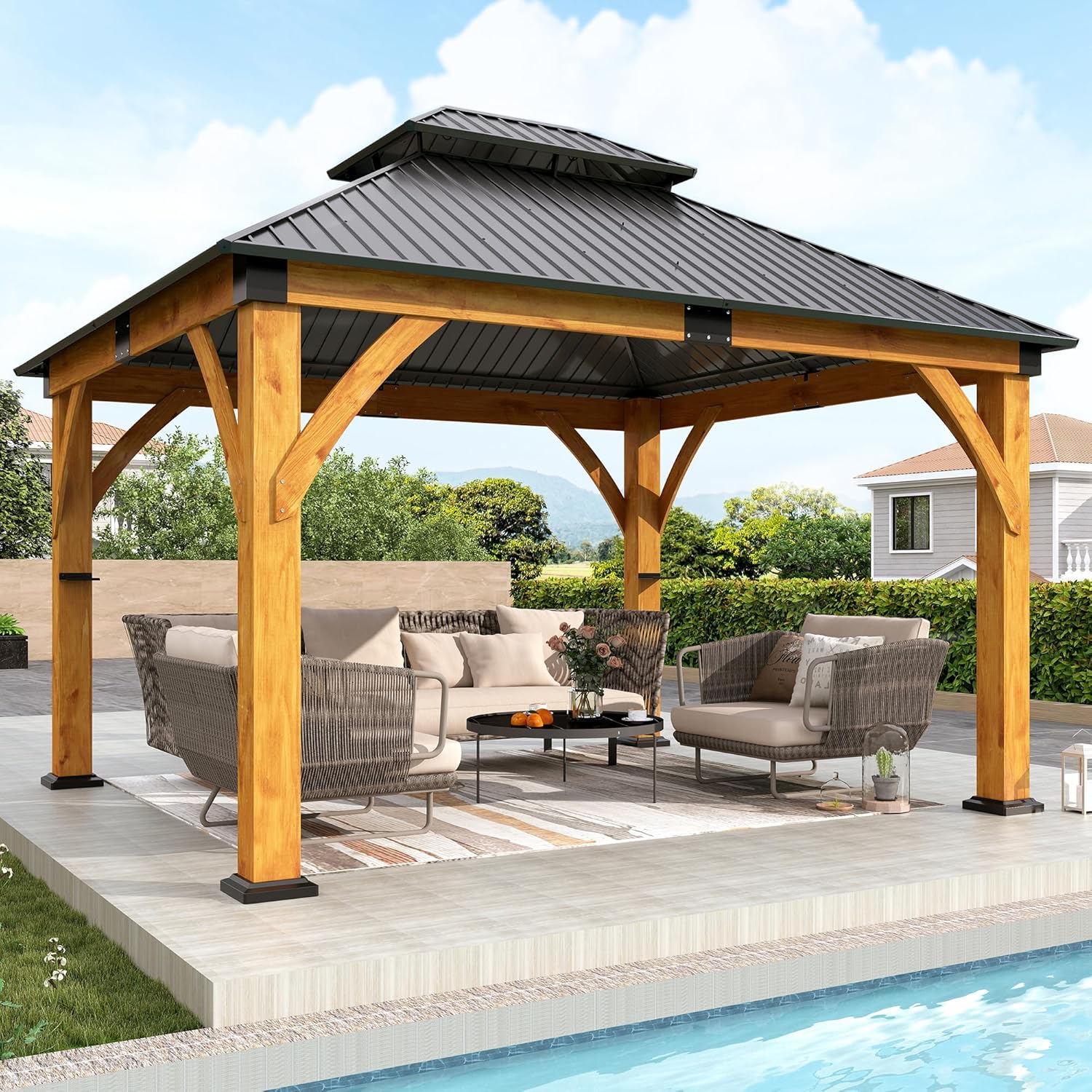 11'x13' Wood Gazebo, Spruce Wood Hardtop Gazebo with 2 Storage Shelves, Double Galvanized Steel Roof Outdoor Wooden Pavilion for Deck, Garden, Backyard