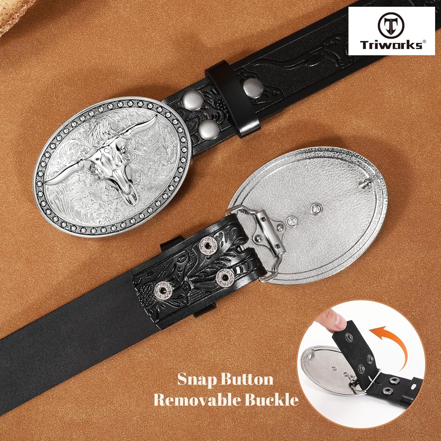 TRIWORKS Western Belts for Men Women, Cowboy Cowgirl Belt Embossed Western Country Leather Belts for Jeans - Image 2