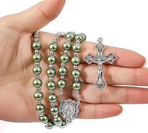 Miniatura 4 de Nazareth Store Collar de rosario de perlas católicas, rosario con medalla milagrosa y crucifijo de cruz, Vidrio