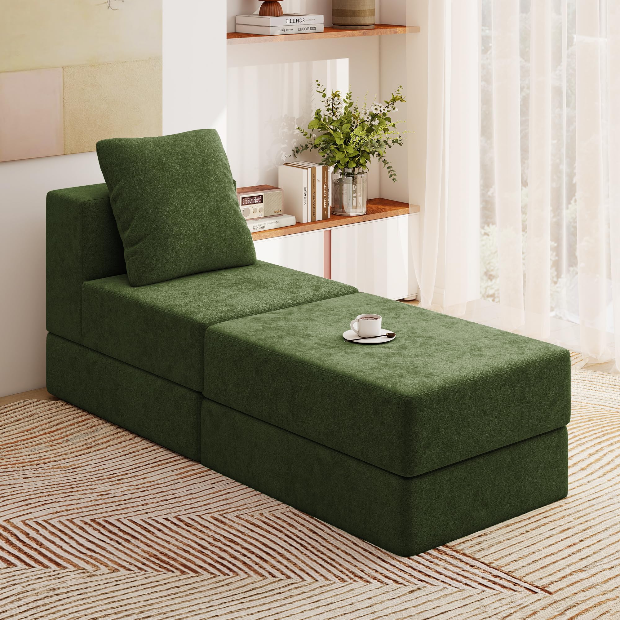Living&Giving（WALKBON） Living&Giving Cloud Sectional Couch for Living Room, Modular Boneless Couch with 1 Ottoman, Middle-seat Can Be Combined with Modular Sofa, Customizable Layout for Any Space, Green