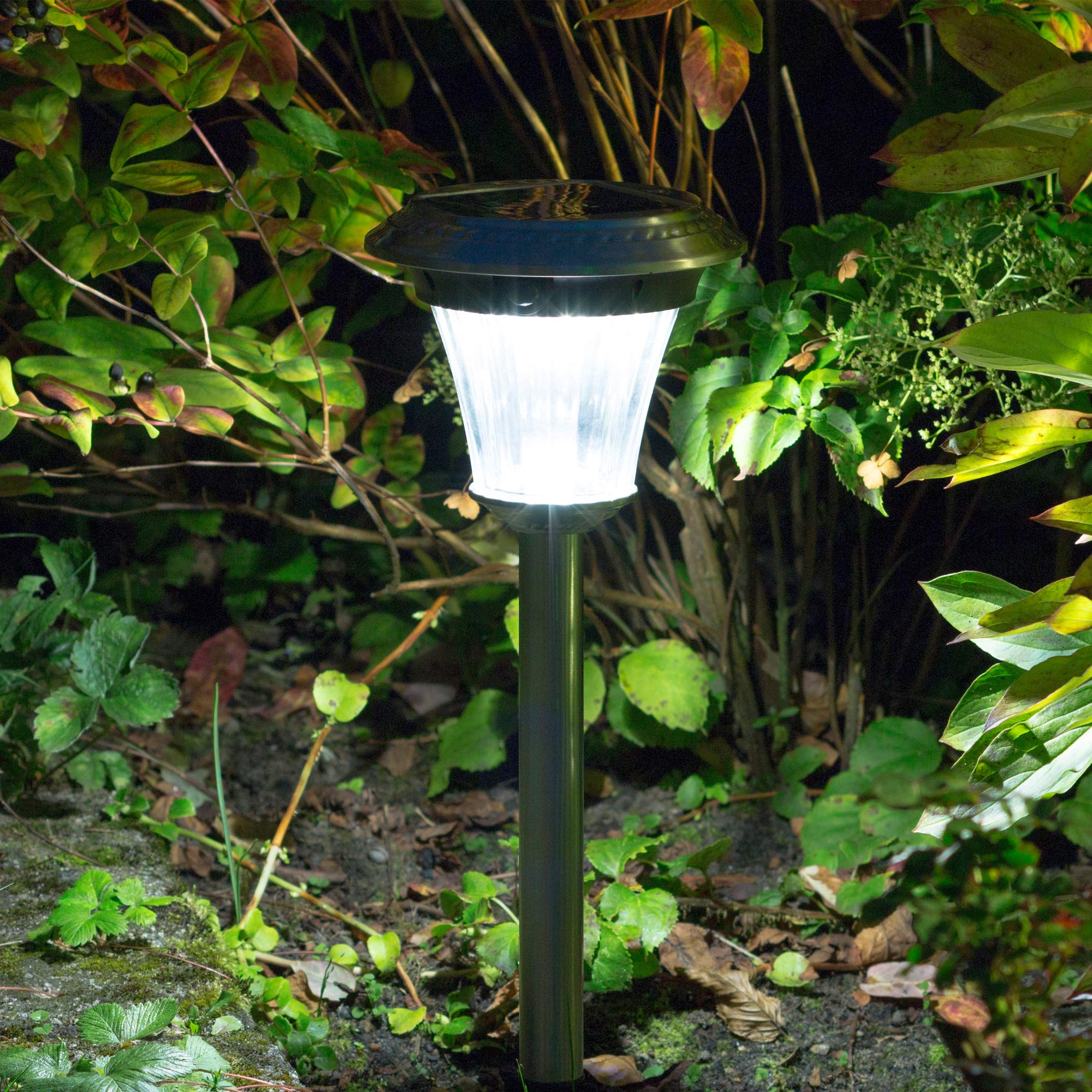 Duracell Solar LED Außenleuchte aus Glas und Stahl, Finish gebürstetem nickel mit Bewegungsmelder und enormer Leuchtkraft, 4 LED, Lithium Akku und Erdspieß aus Metall, 90 L, hellweiß GL013NDU
