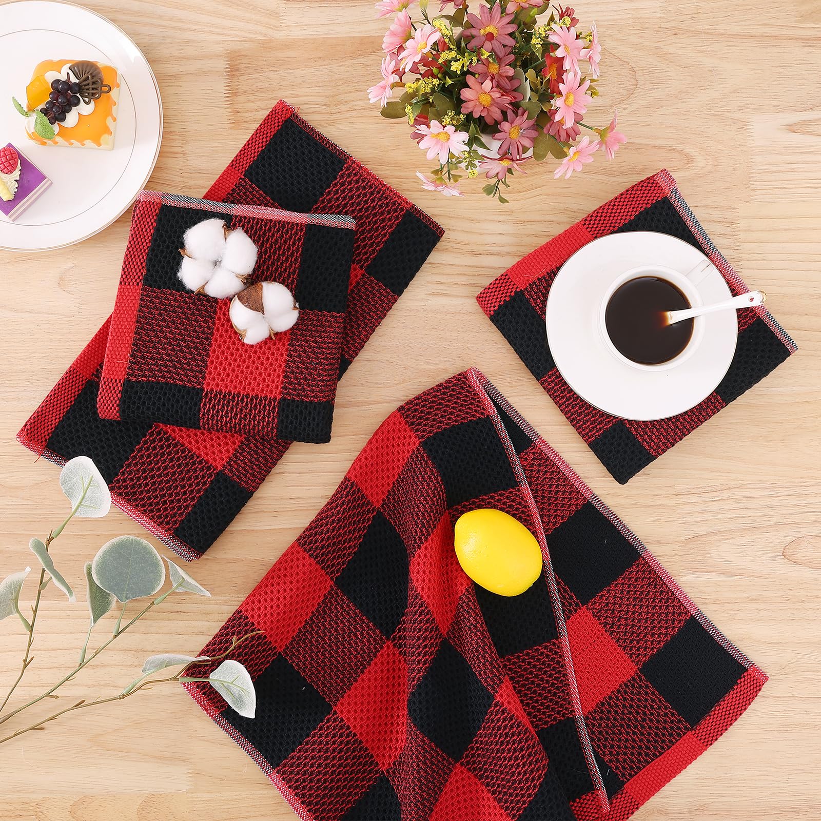 Homaxy Lot de 12 torchons à Vaisselle 100% Coton gaufré, 30,5 x 30,5 cm, Super Doux et absorbants, séchage Rapide, Noir et Rouge