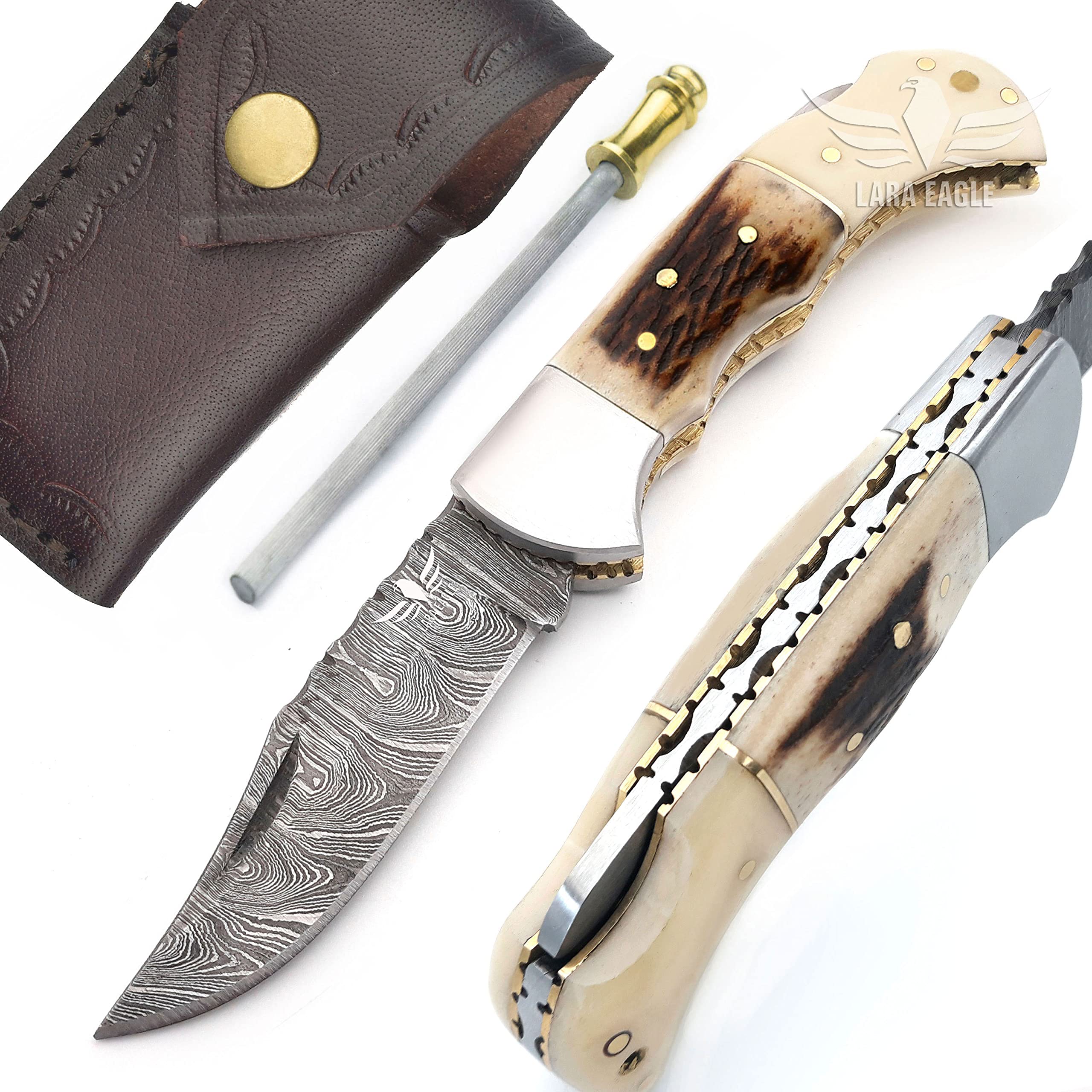 Damascus Pocket Knife for Men - 133 Layer Solid Steel Handmade Folding Hunting Knives with Sharpner and Leather Pouch - Best Knife for Camping Hunting Hiking - Father’s Day Gifts for Men Husband Dad