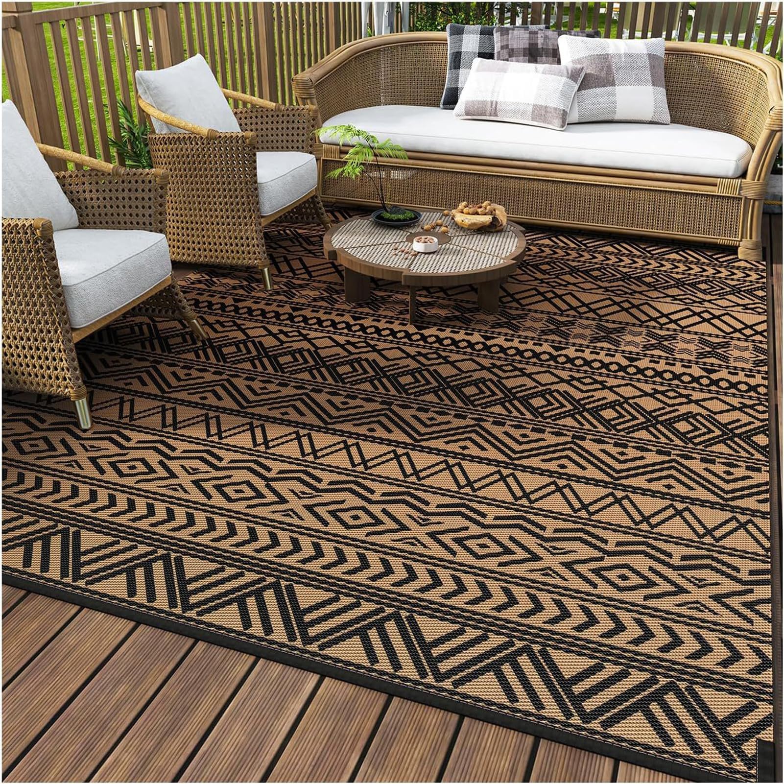 GAOXIAO Tapis D'extérieur Imperméable et Réversible, Tapis de Jardin Bohème Résistant aux UV Pluie pour Terrasse Balcon Salon Plage Camping Pique-Nique Lavable Coffee 200 * 300cm
