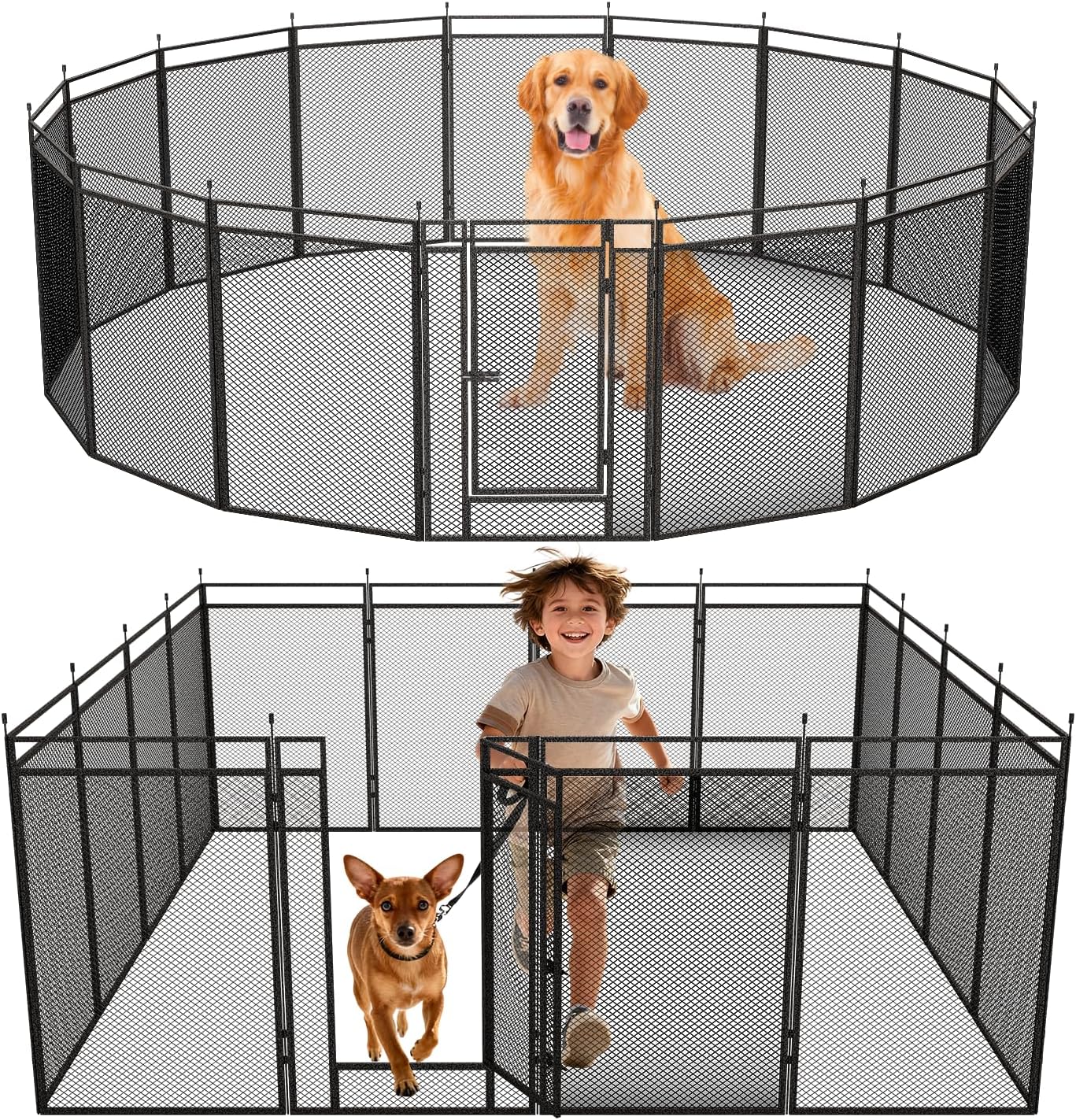 32" Height Dog Playpen for Small Dog & Puppy, 16 Panels Metal Pet Playpen with Safety Mesh, Portable Foldable Exercise Pen for Indoor Outdoor, Yard, Camping & RV, Black-Silver