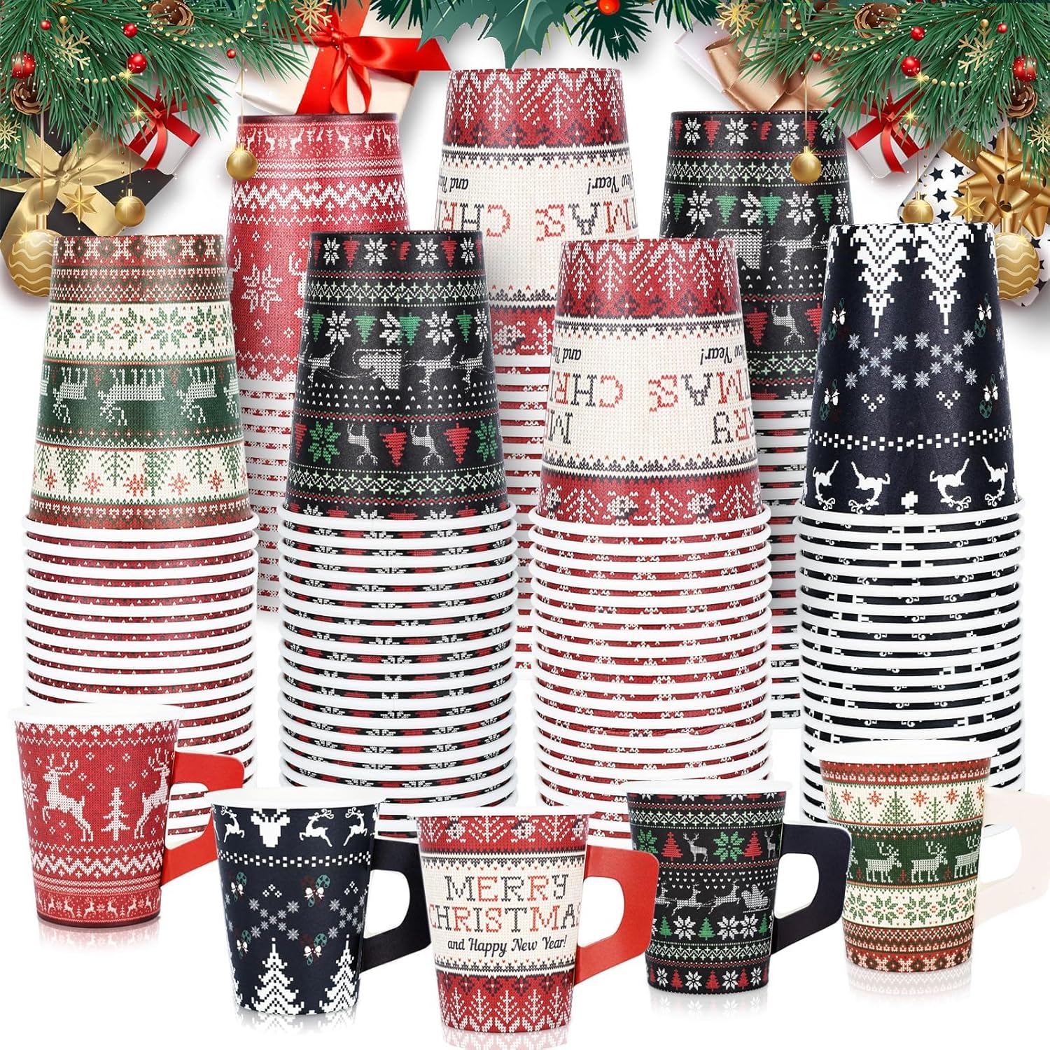 100 PCS 9 Oz Christmas Disposabl Paper Cups with Handles Xmas Ugly Sweater Pattern Coffee Cup for Hot Cold Drinks Tea Beverage Espresso Chocolate Cocoa Holiday Birthday Table Decorations Supplies