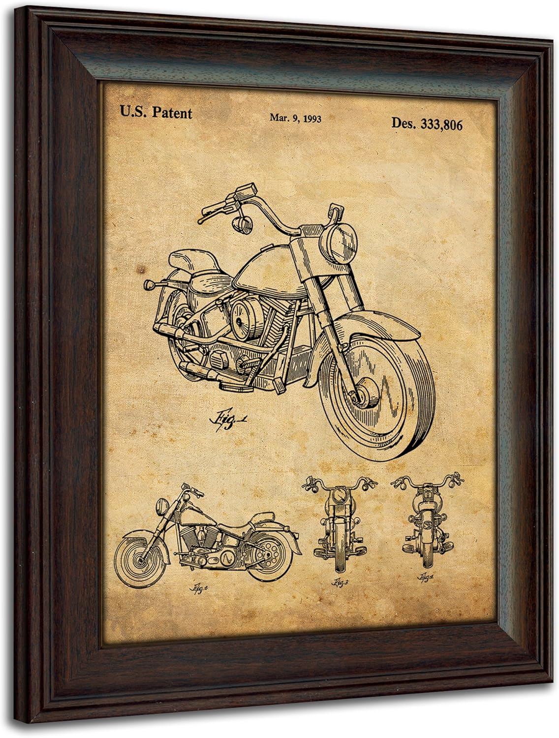 Personal-Prints | Harley Davidson Vintage Style US Patent Prints | Framed Behind Acrylic Motorcycle Wall Art (1993 - Harley Motorcycle)