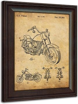 Personal-Prints | Harley Davidson Vintage Style US Patent Prints | Framed Behind Acrylic Motorcycle Wall Art 1993 - Harley Motorcycle