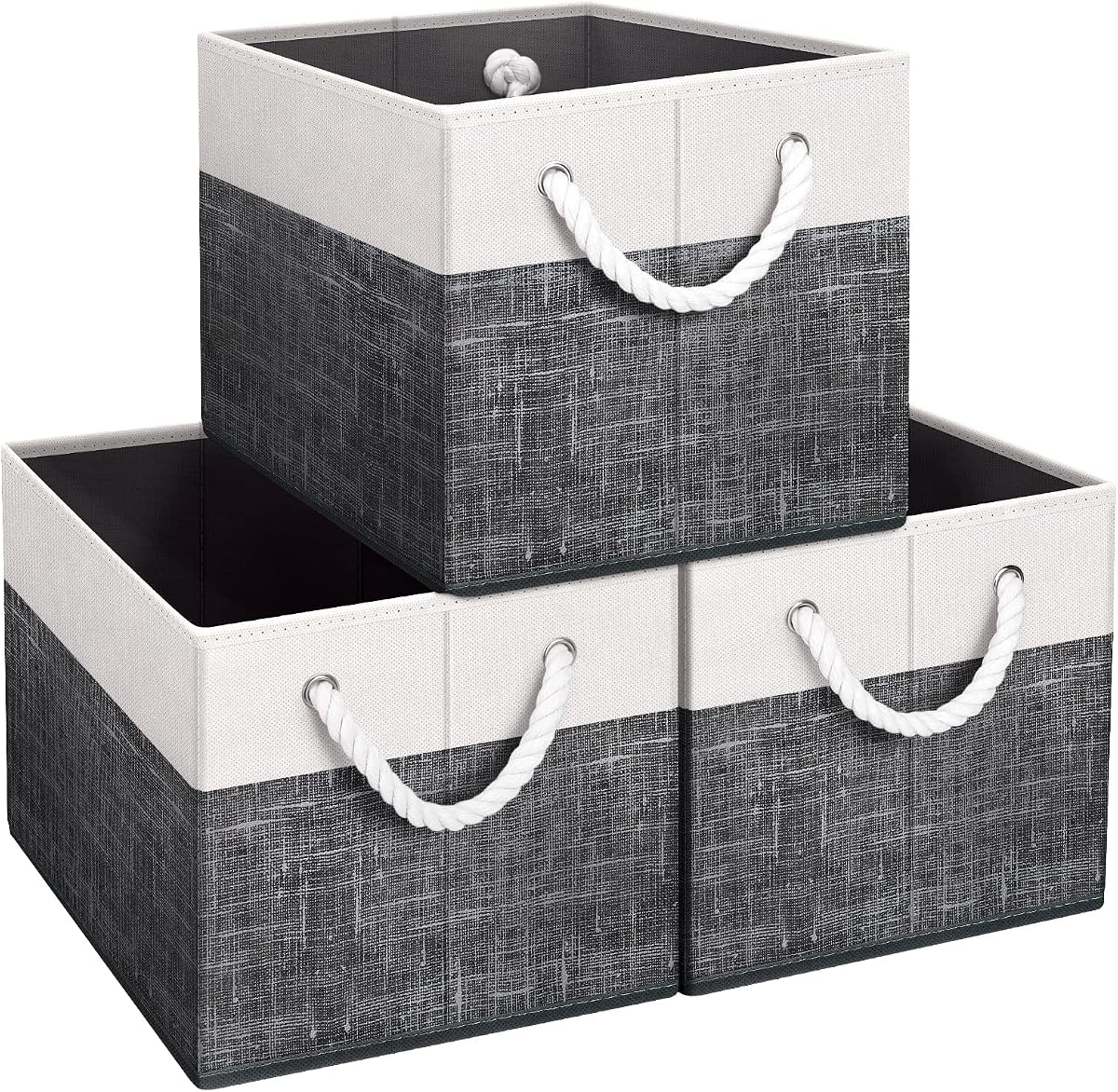 Paquete de 3 contenedores de almacenamiento, cestas de almacenamiento plegables para organizar juguetes, libros, estantes, armario, caja de almacenamiento grande con asas de cuerda, contenedores organizadores resistentes, blanco y negro | Paquete de 3 contenedores de almacenamiento para organizar juguetes, libros, estantes, armario, caja de almacenamiento grande, contenedores organizadores resistentes, blanco y negro