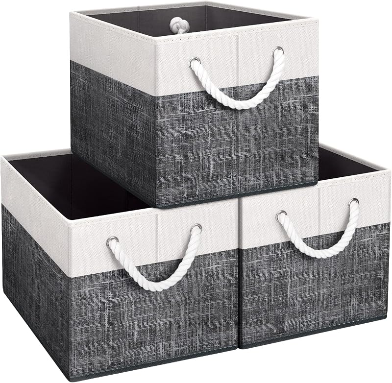 Paquete de 3 contenedores de almacenamiento, cestas de almacenamiento plegables para organizar juguetes, libros, estantes, armario, caja de almacenamiento grande con asas de cuerda, contenedores organizadores resistentes, blanco y negro | Paquete de 3 contenedores de almacenamiento para organizar juguetes, libros, estantes, armario, caja de almacenamiento grande, contenedores organizadores resistentes, blanco y negro