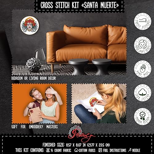 Miniatura 7 de Paquete de dos kits de punto de cruz para adultos, "Viva la México" y "Santa Muerte", Día de los Muertos, Halloween, mexicano, juego de bordado a