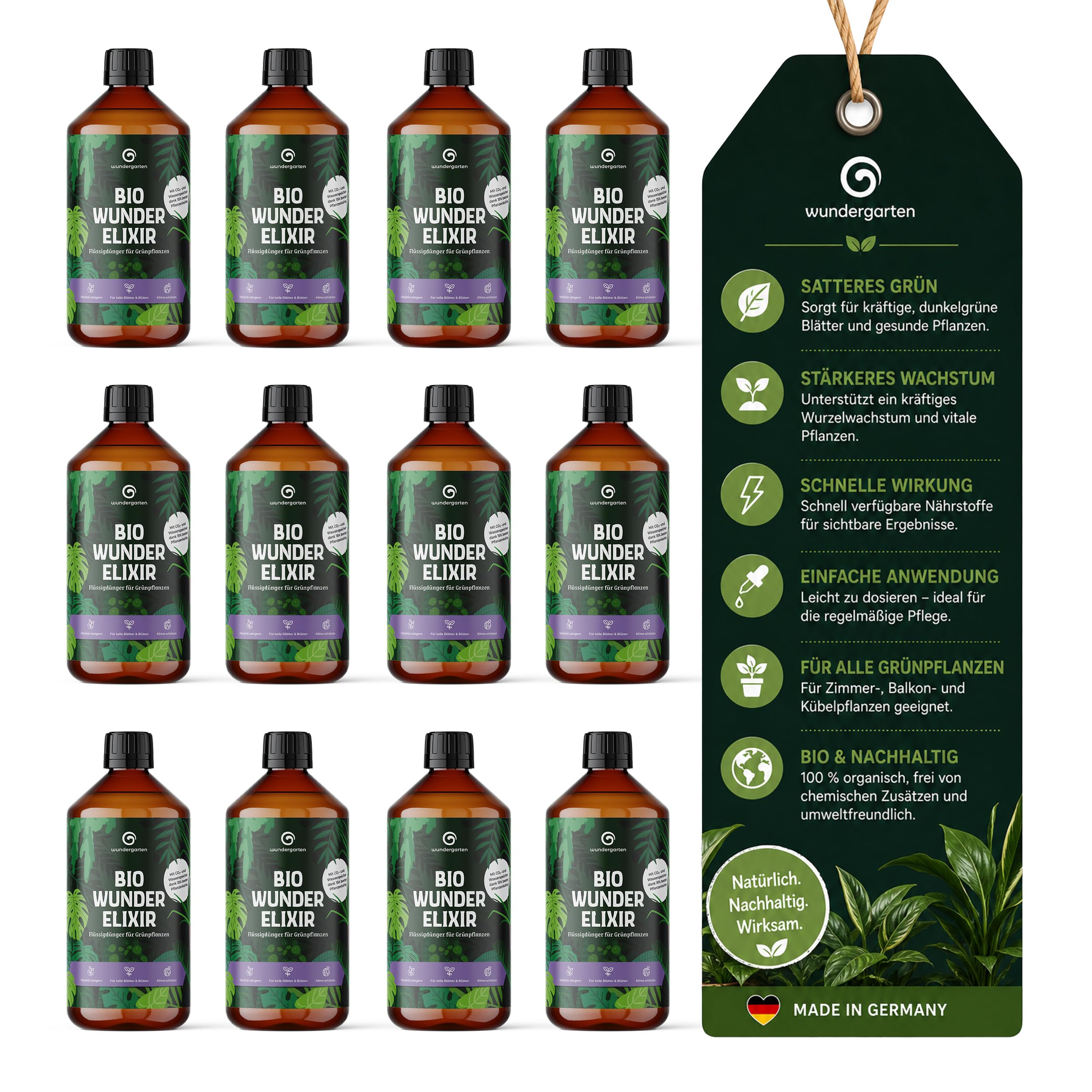 12x 500ml Bio Flüssigdünger für Grünpflanzen – Wundergarten Wunderelixier – Mit Pflanzenkohle – Zimmerpflanzen Dünger für Monstera, Ficus & Co. – Organischer Blumendünger für kräftige grüne Blätter