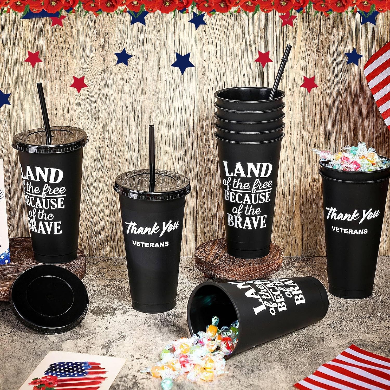 Skylety 24 Pack Memorial day Patriotic Plastic Tumblers with Lids and Straws 4th of July Gifts 24 oz Iced Coffee Travel Mug Cup Reusable Cups Military Retirement Gifts for Patriotic Hard Head Veterans