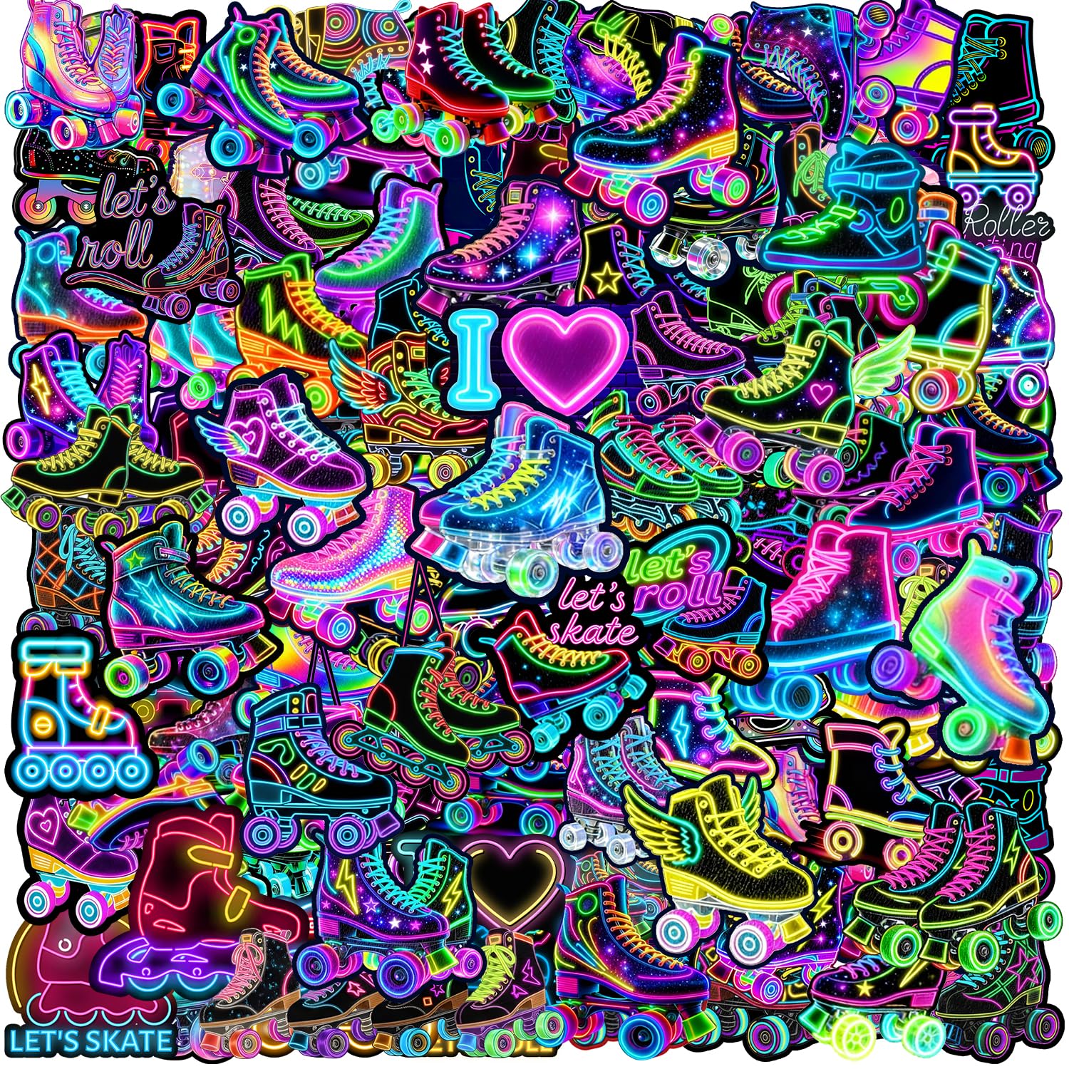 120PCS Neon Roller Skate Stickers Roller Skating Party Favors Birthday Party Decorations Vinyl Waterproof Stickers for Water Bottle Laptop Luggage Helmet