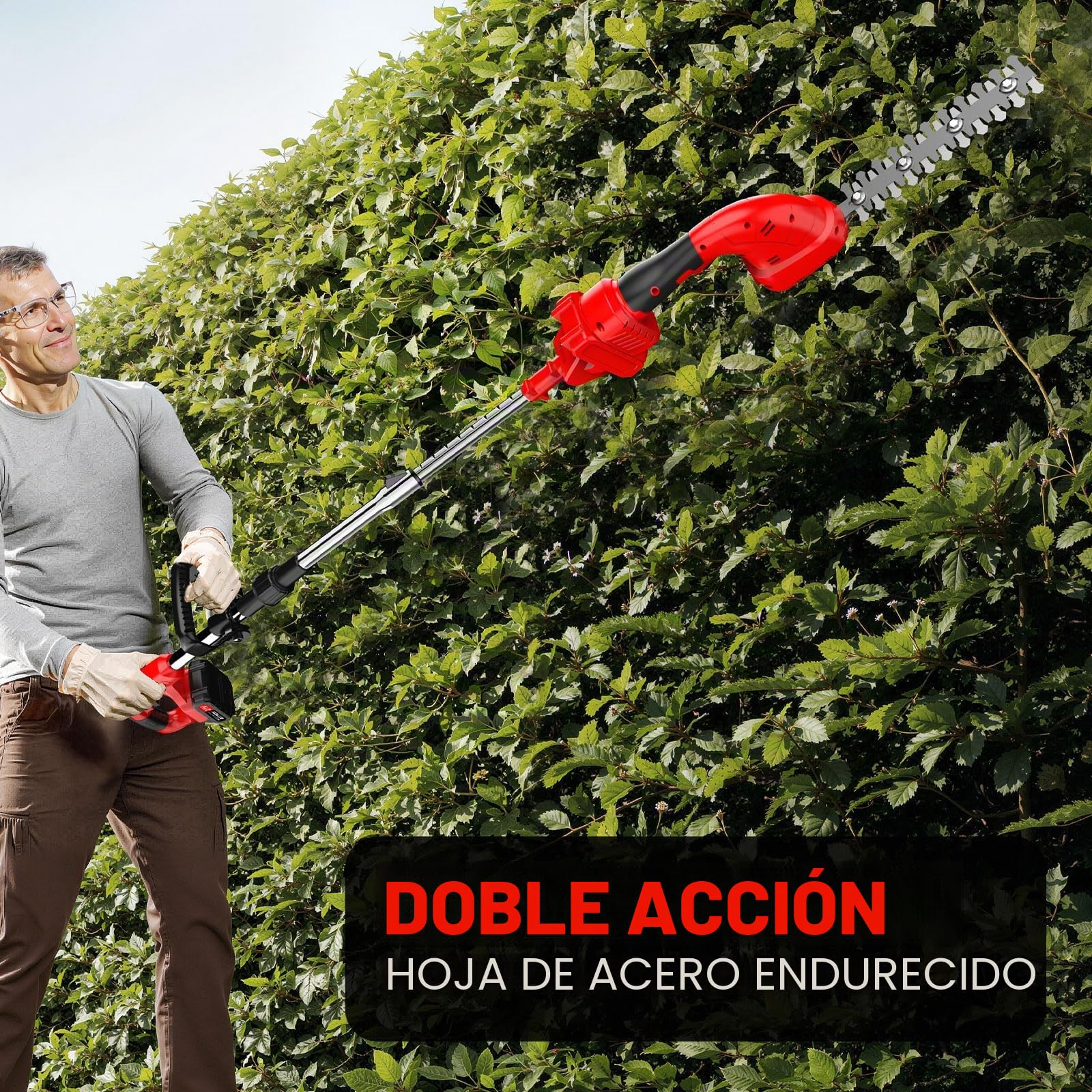 Cortasetos Electrico Telescopico, 2 x 2000mAh Cortasetos de Bateria Alcance de y Barra de Extensión de 4m, Cortasetos electrico bateria Corte de Precisión para Setos y Arbustos Altos, Fácil de Usar
