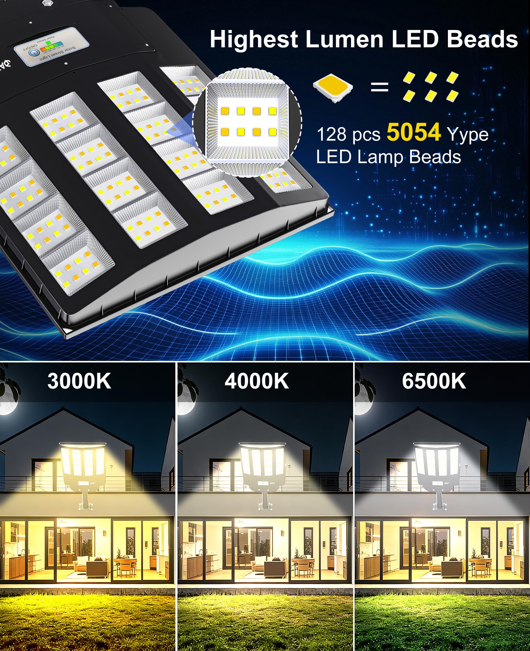 JAYNLT Y-4000W Lampione Solare da Esterno, Faro led Esterno con Sensore di Movimento e Telecomando, 3000K/4000K/6500K Lampioni Stradale Solare IP67 per Cortili, Garage, Fattorie