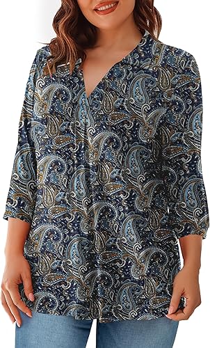 Miniatura 2 de REDHOTYPE Blusas de talla grande para mujer, camisas de manga 34, cuello en V, blusas casuales de trabajo