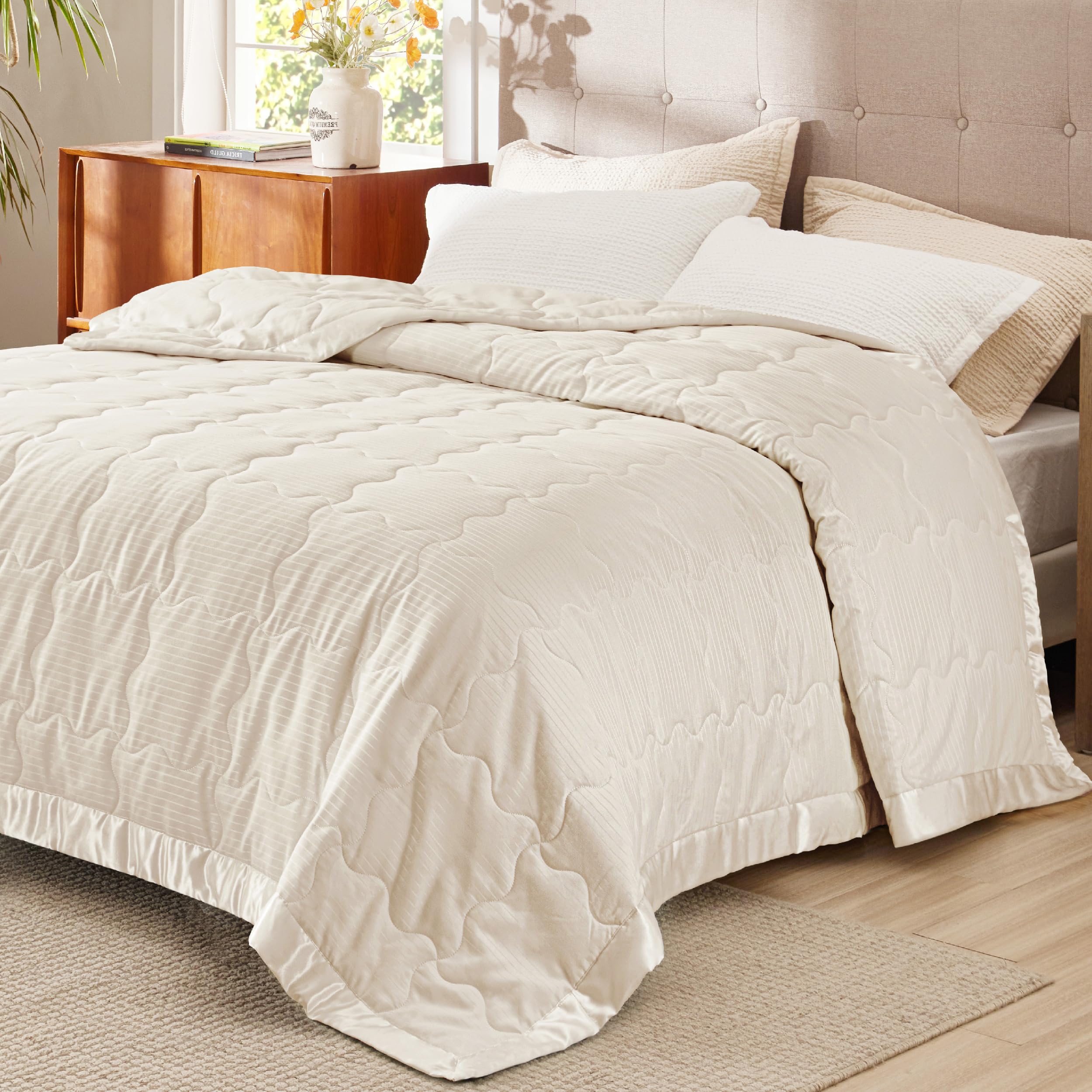 Bedsure Lightweight Blanket for Summer Queen Size Down Alternative  Blanket with Satin Trim for Bed, Light Summer Throw Ivory, 90x90  InchesOEKO-TEX