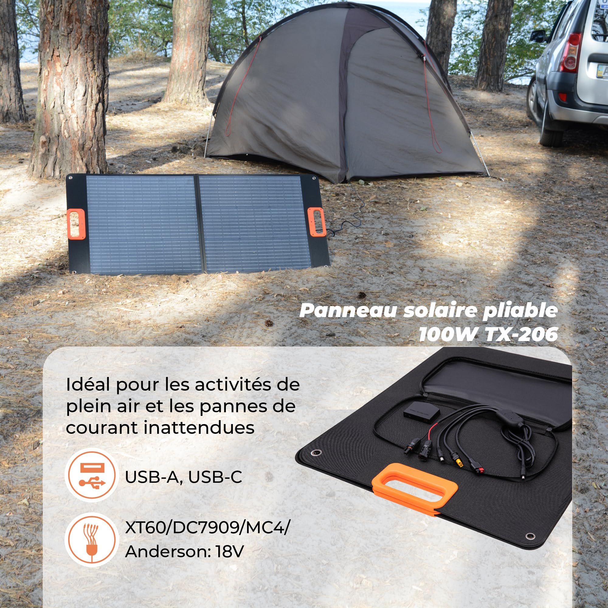 Technaxx Panneau solaire pliable 100W TX-206 chargeur solaire monocristallin portable pour toutes les stations électriques courantes avec sorties USB-A/USB-C/XT60/DC7909/MC4/Anderson