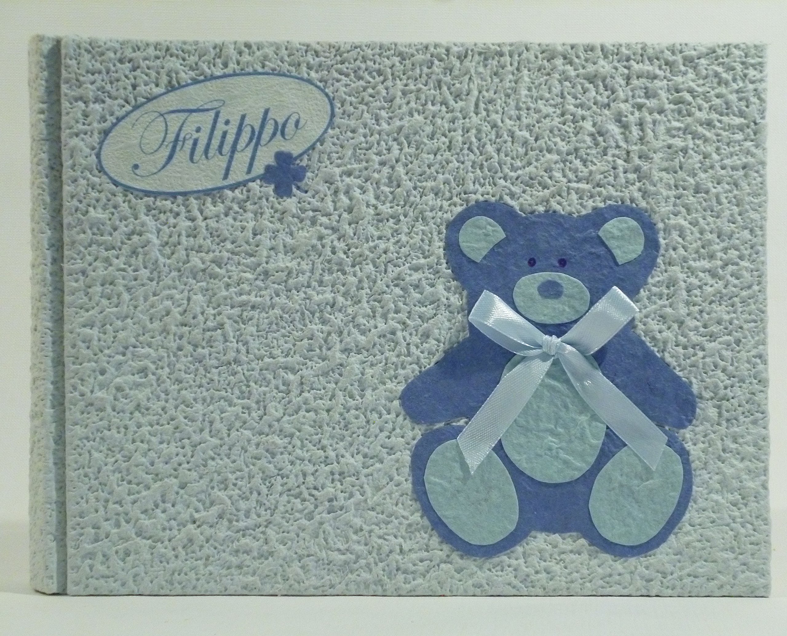 ALBUM FOTOGRAFICO ARTIGIANALE orso CON NOME 100 foto 20,5cm x 17cm 50 fogli REGALO NASCITA BAMBINO AZZURRO