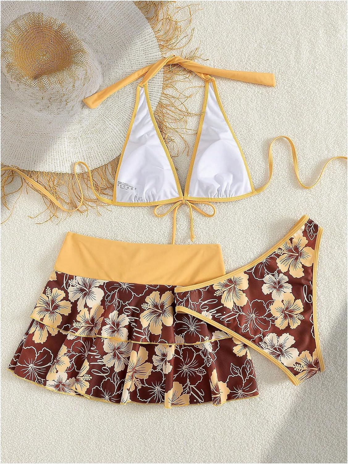 Verdusa Women's 3 Piece Boho Floral Halter Bikini Set Tie Back Swimsuit with Cover Up Skirt Vacation Outfits