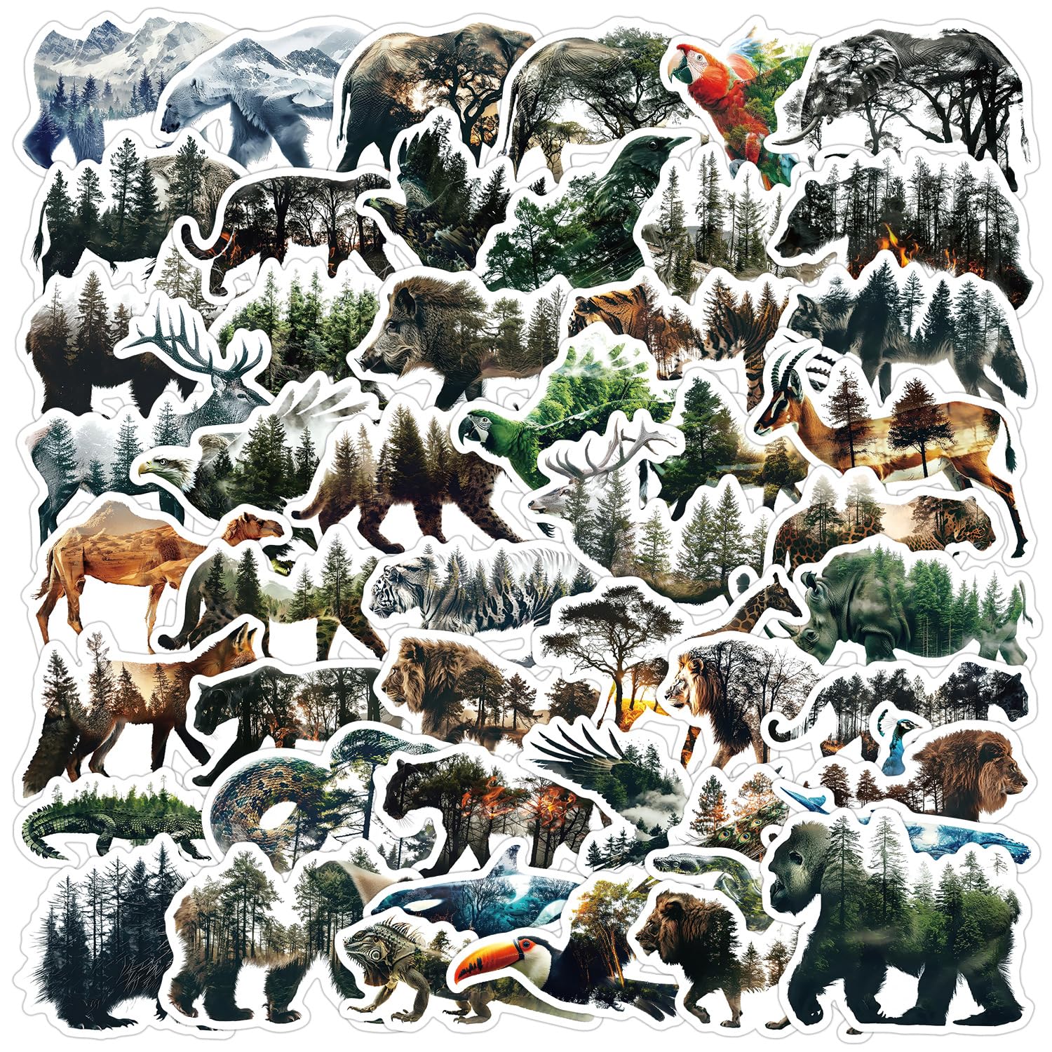50 Pcs Natural Animals Stickers for Phone,Guitar,Laptop,Water Bottles,Skateboard,Luggage,Animals Nordic Style Stickers Waterproof Vinyl,Graffiti Decorate for Teens Girls Boys Child Motivate Gift