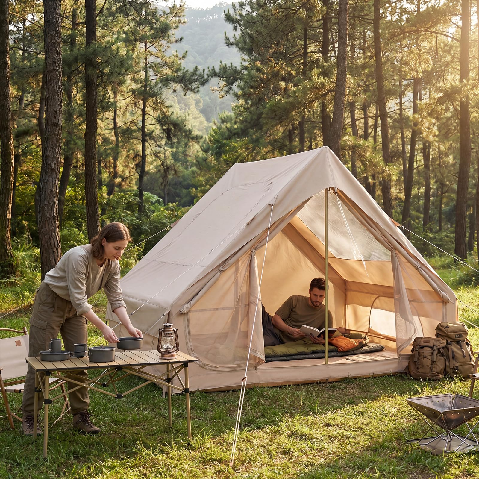 COSTWAY Tienda de Campaña Inflable con Claraboya, Tienda Glamping Familiar para 4 Personas con Puertas, Ventanas de Malla, Bomba de Aire, Bolsa de Transporte, Carpa Camping Exterior para 4 Estaciones