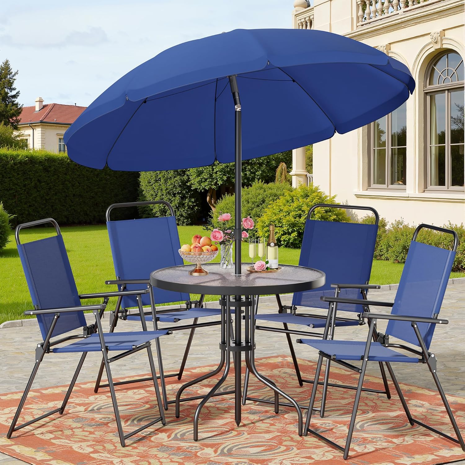Shintenchi 6 Piece Patio Dining Set with Umbrella, Outdoor Furniture Set with 4 Folding Chairs and Tempered Glass Top Dining Table fot Lawn Backyard Garden Porch Blue