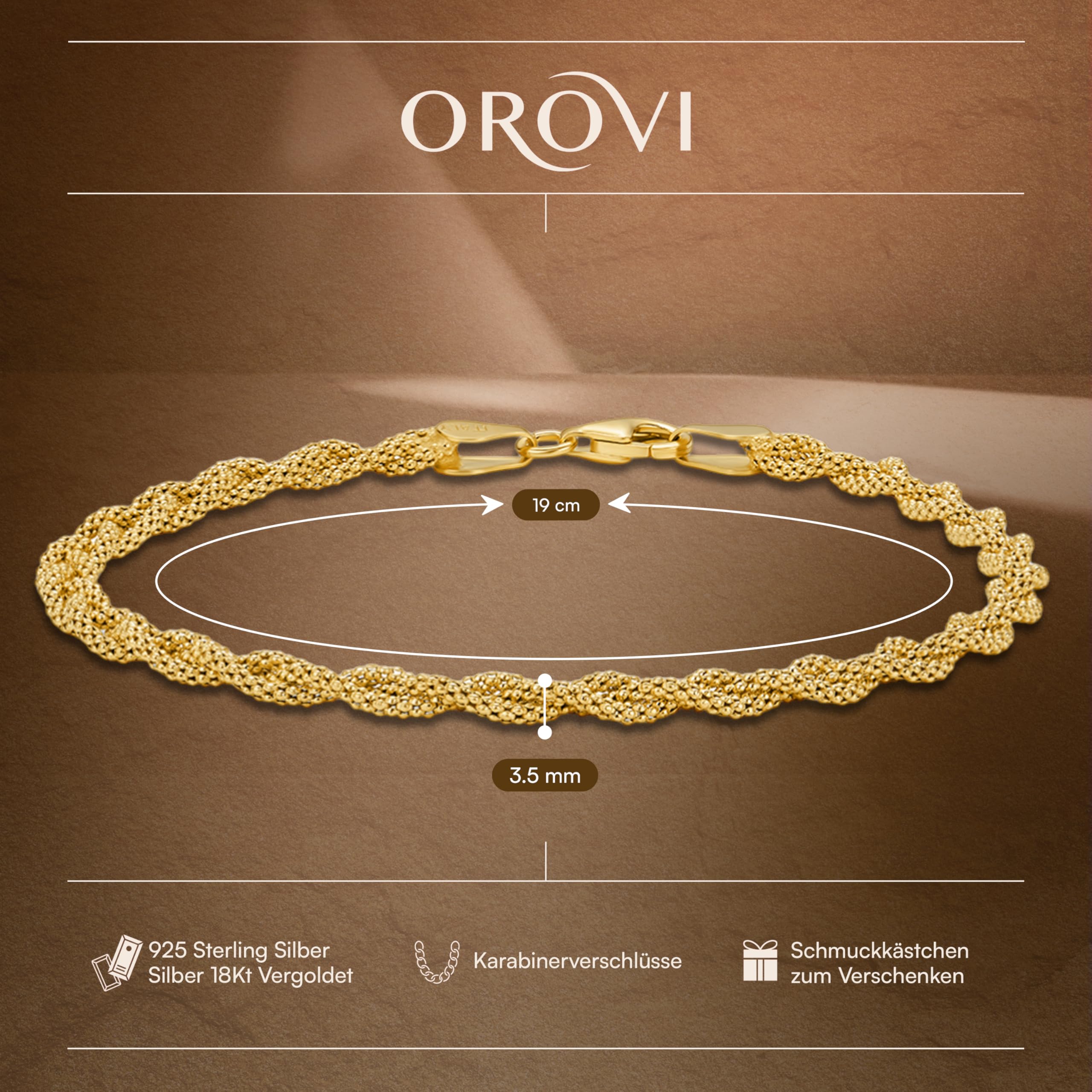 OROVI Geflochtenes Armband Damen Gold, 18 Karat vergoldetes 925 Sterlingsilber, Elegantes Design, 19 cm Länge, mit sicherem Karabinerverschluss, Made in Italy, Geliefert in Schmuckschachtel