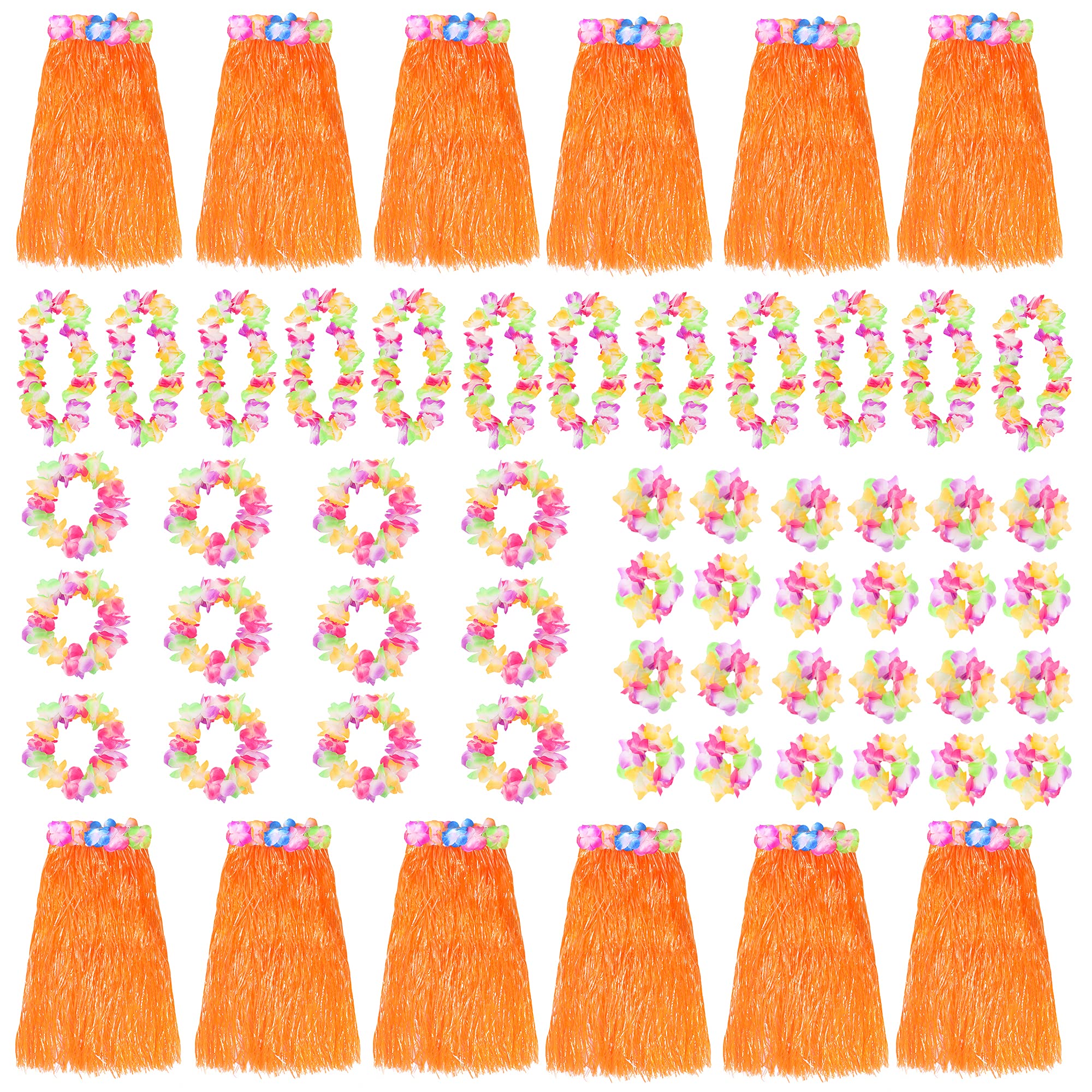 Orange Hawaiian Hula Skirt and Multicoloured Lei Set X12 - Flower Necklace, Headband and Bracelet - 80cm Grass Hula - Luau - Fancy Dress Costume Accessory