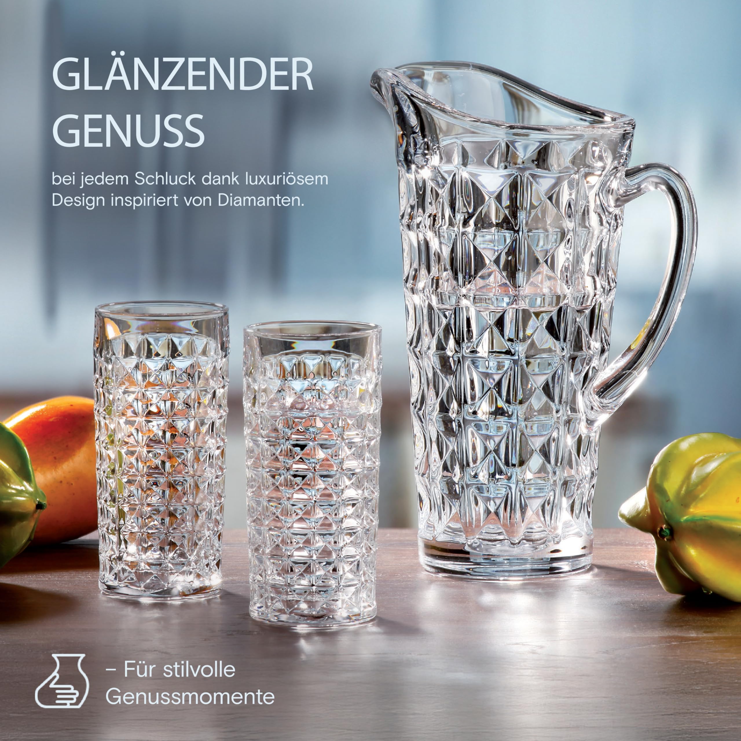 Crystal BOHEMIA Gläser-Set mit Wasserkaraffe – 1 L Glaskrug & 6 Trinkgläser je 260 ml, spülmaschinenfest, kratzfest & elegant – Kristallglas Set für Wasser, Longdrinks & Softdrinks