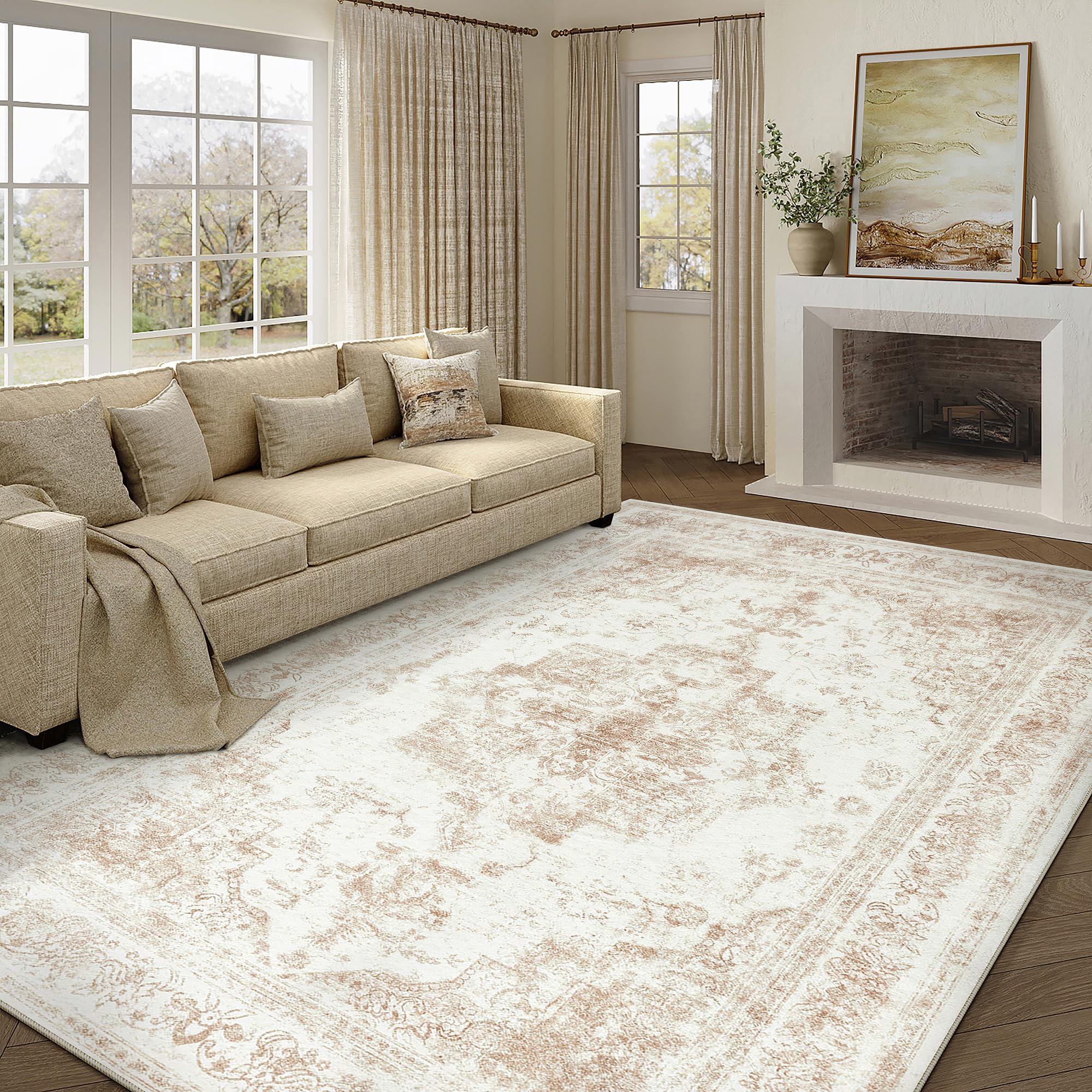 HUGEAR Vintage Tappeto Salotto Crema Tappeti 240x300cm Soggiorno Antiscivolo Lavabile in Lavatrice Tapette Camera da Letto Sala Ufficio Bambina Bambino Pelo Corto Grande Carpet