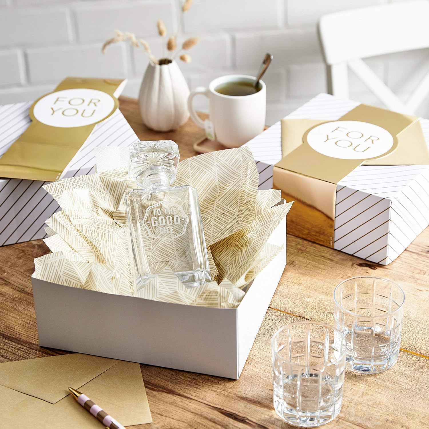 Hallmark 10" Large Gift Boxes with Wrap Bands (2-Pack: White and Gold, For You") for Weddings, Graduations, Valentine's Day, Christmas, Hanukkah, Birthdays