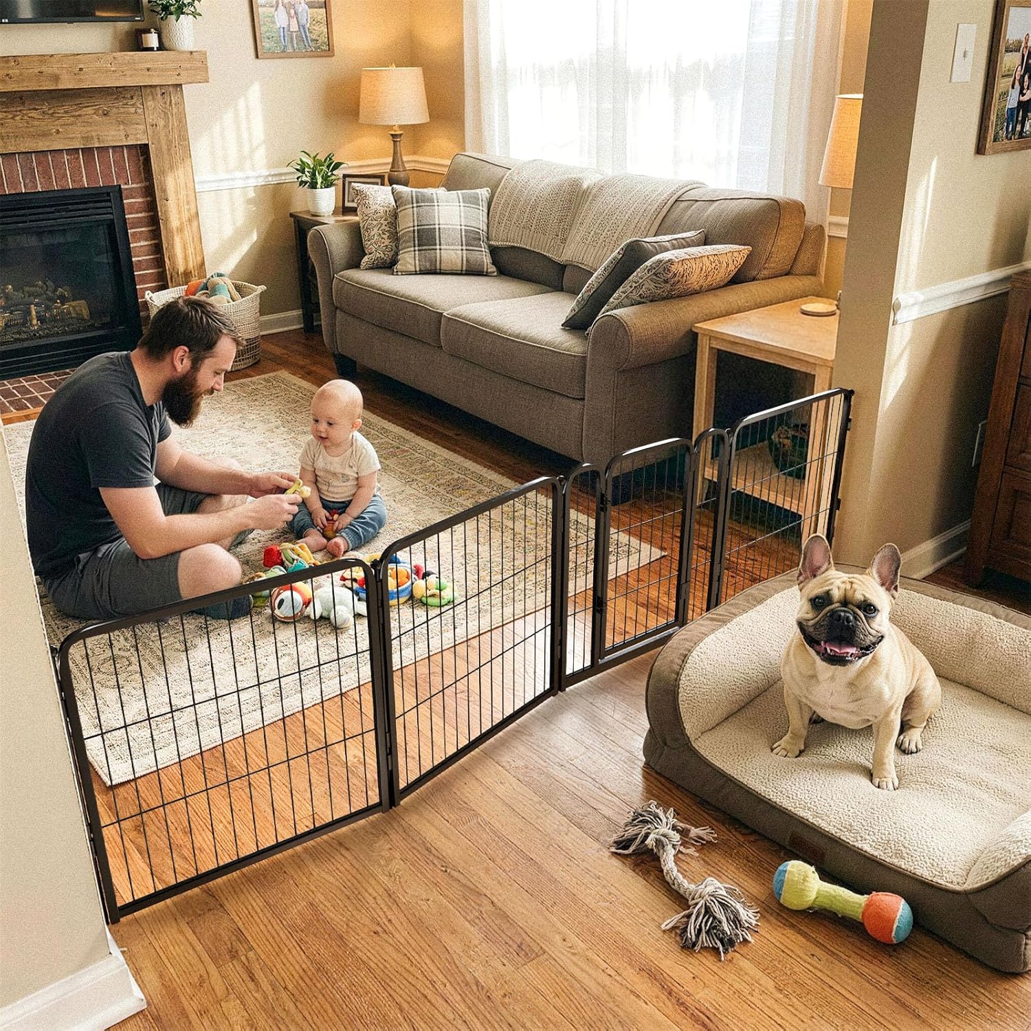 FXW Dog Gate Extra Wide Designed for Indoor Use, Adjustable Width Up to 183-inch Wide (24" H 8 Wire Panels for Puppies and Small Dogs), Black