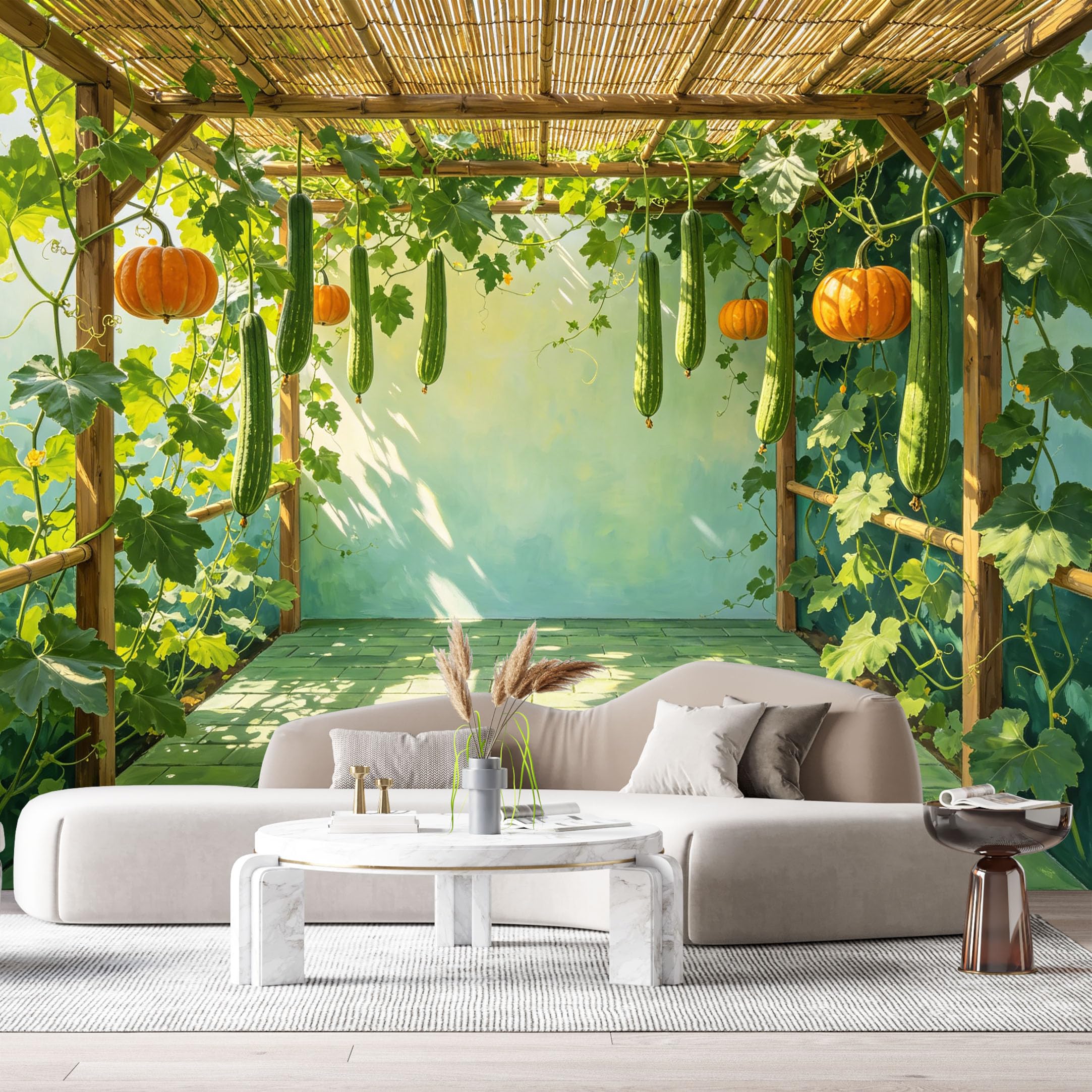 Custom Size Wall Murals Botanical Garden Pergola Pumpkin Vine Sunlit Green Leaves Watercolor SelfAdhesive Wall Fabric Removable Large Wallpaper for Photo Living Room